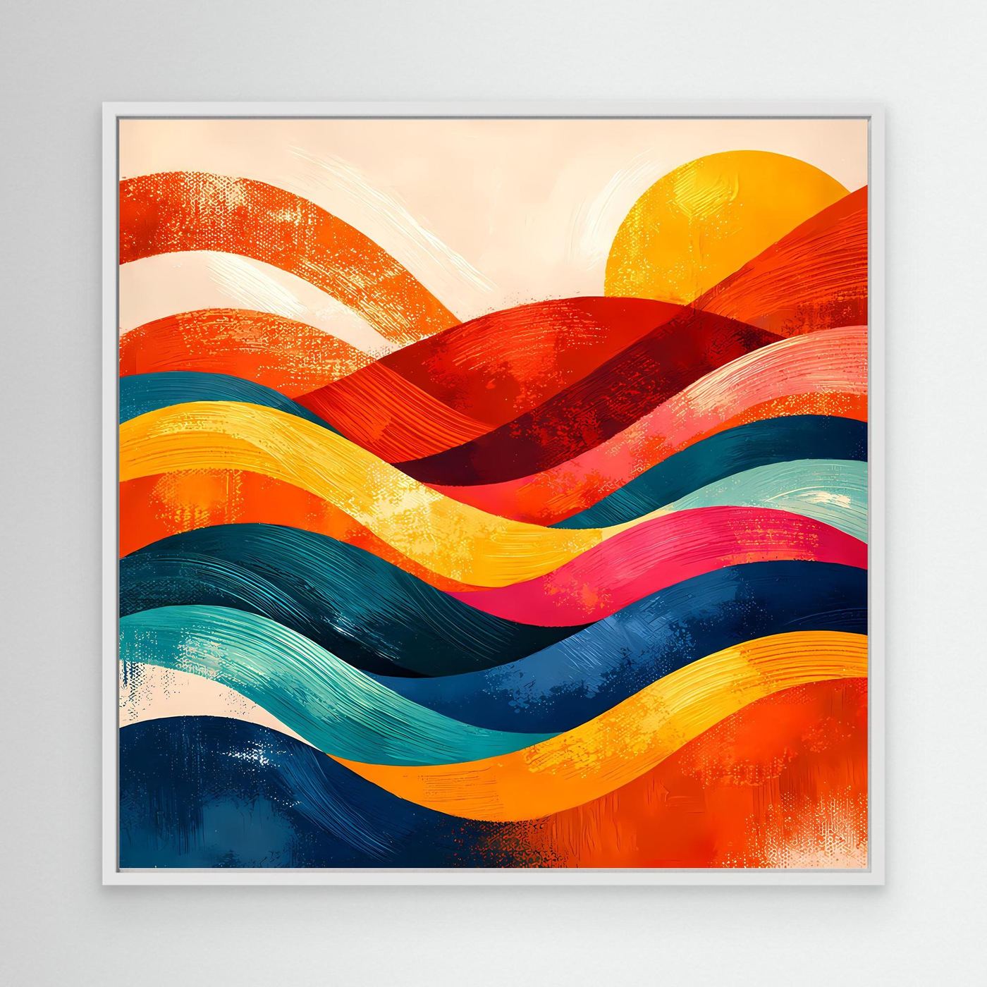 Abstraktes Wandbild mit bunten Wellenstrichen, weißer Rahmen