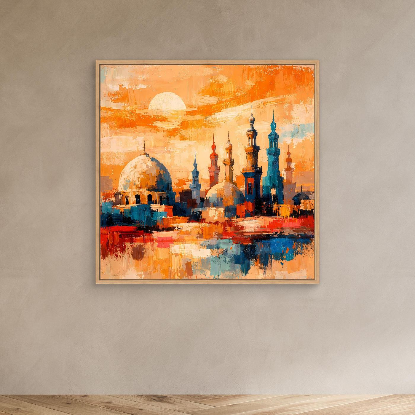 Abstraktes Leinwandbild mit orientalischer Skyline und Minaretten, gerahmt in hellem Holz, orange und blau