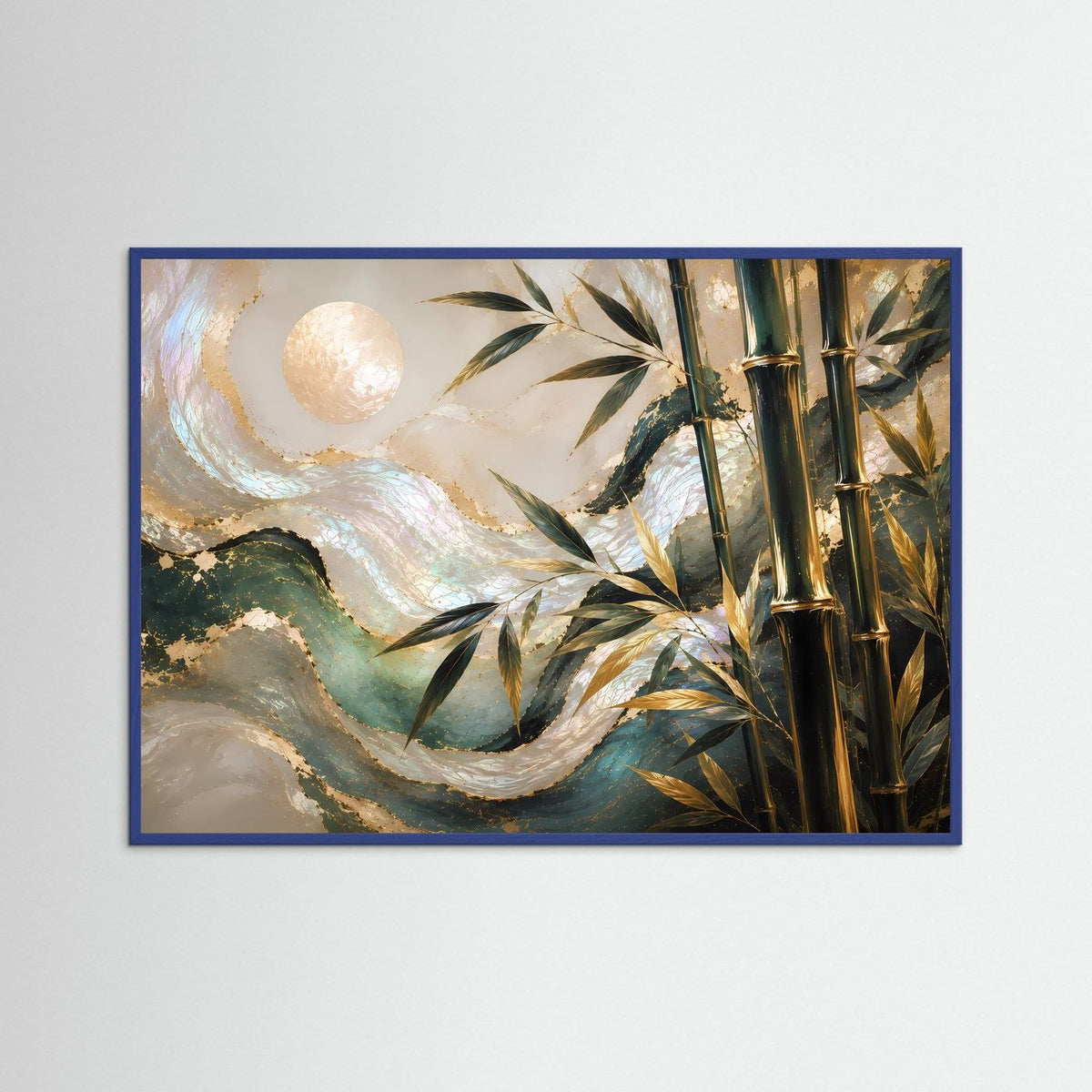 Querformatige Wandkunst im Blauholzrahmen: Bambusstämme, Blätter, goldene Kugel