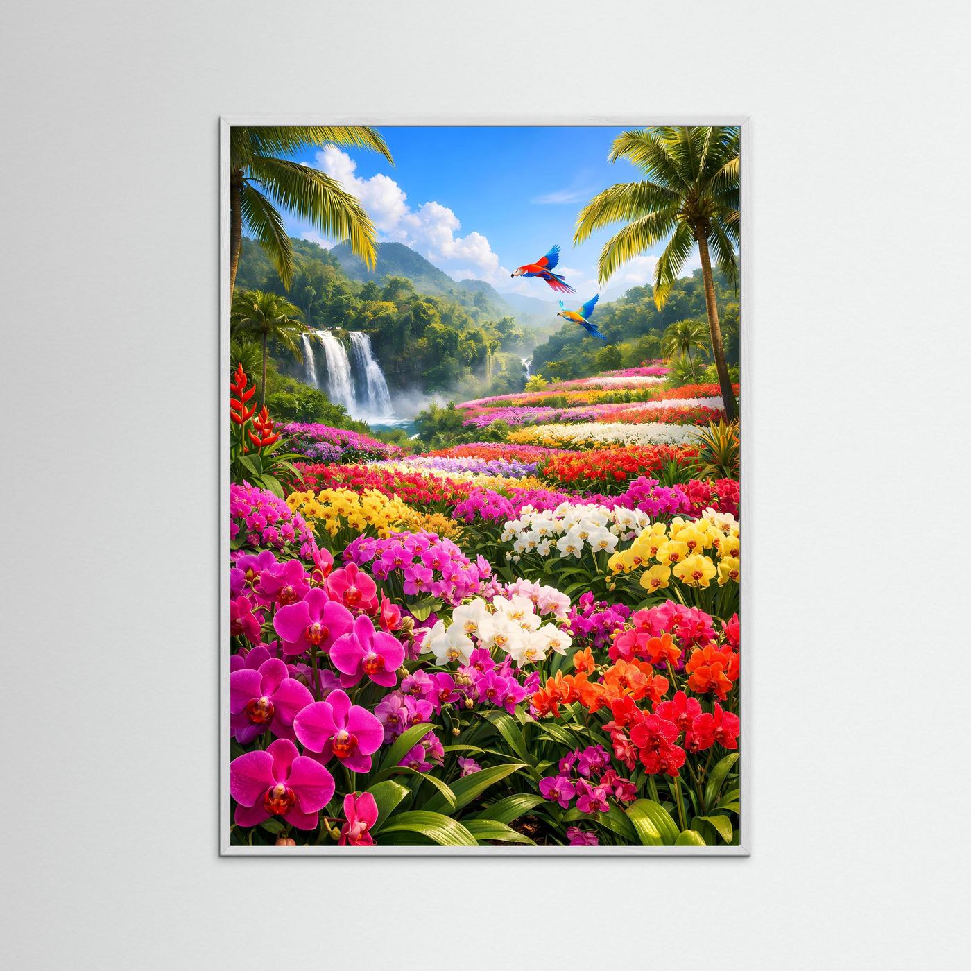 Hochformatiges Wandbild mit farbigen Orchideen, Palmen, Wasserfall und zwei bunten Vögeln