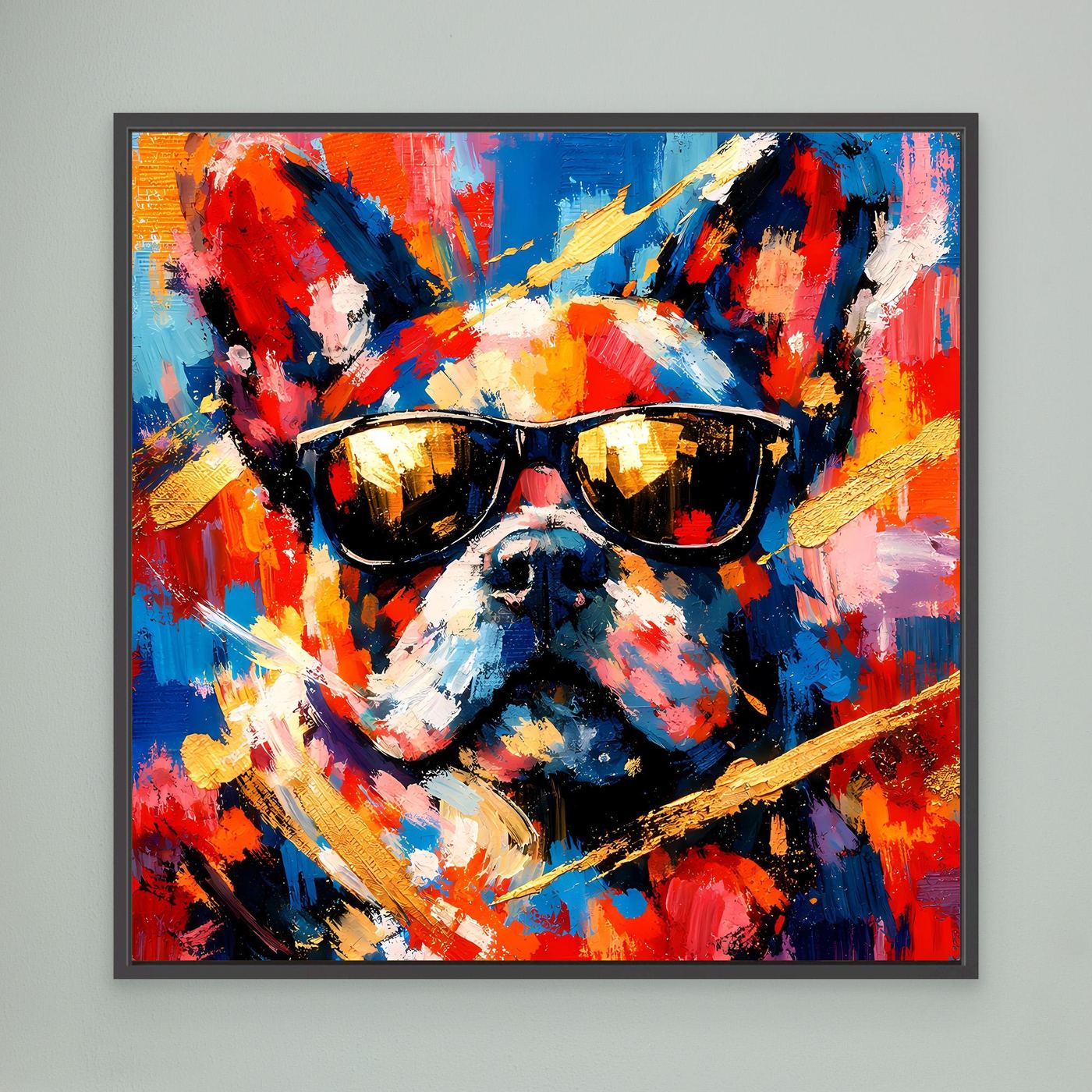 Leinwandbild mit abstrakter Französischer Bulldogge und Sonnenbrillen, bunt, schwarz gerahmt
