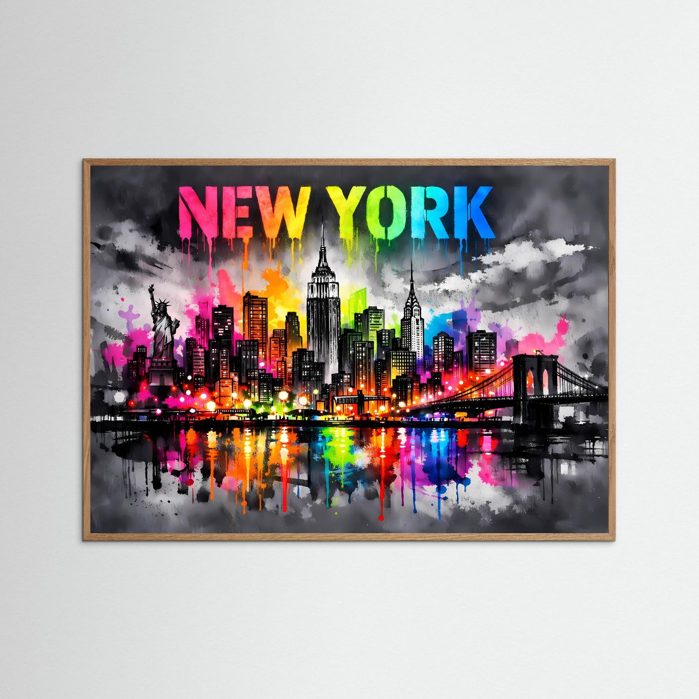 Neon-Splash-Poster mit New-York-Skyline und Schriftzug „NEW YORK“ im rosafarbenen Rahmen.