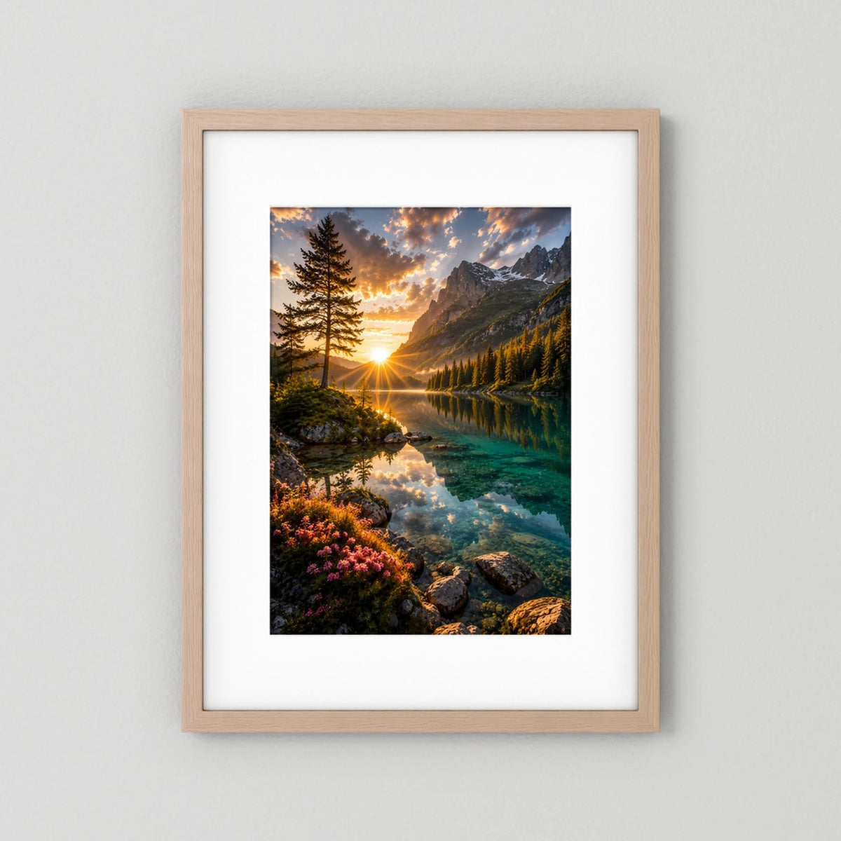 Bergsee im Sonnenuntergang | Alpenlandschaft mit Spiegelung | Poster Hochformat