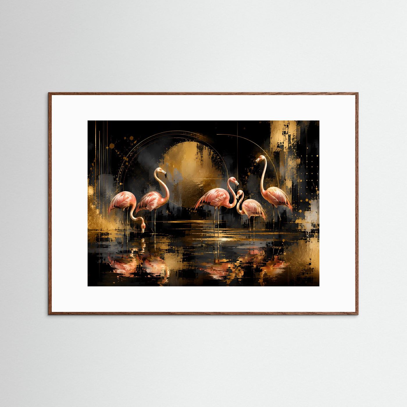 Poster Querformat: abstrakte Flamingos in Rosa/Schwarz/Gold, dunkelbraun gerahmt