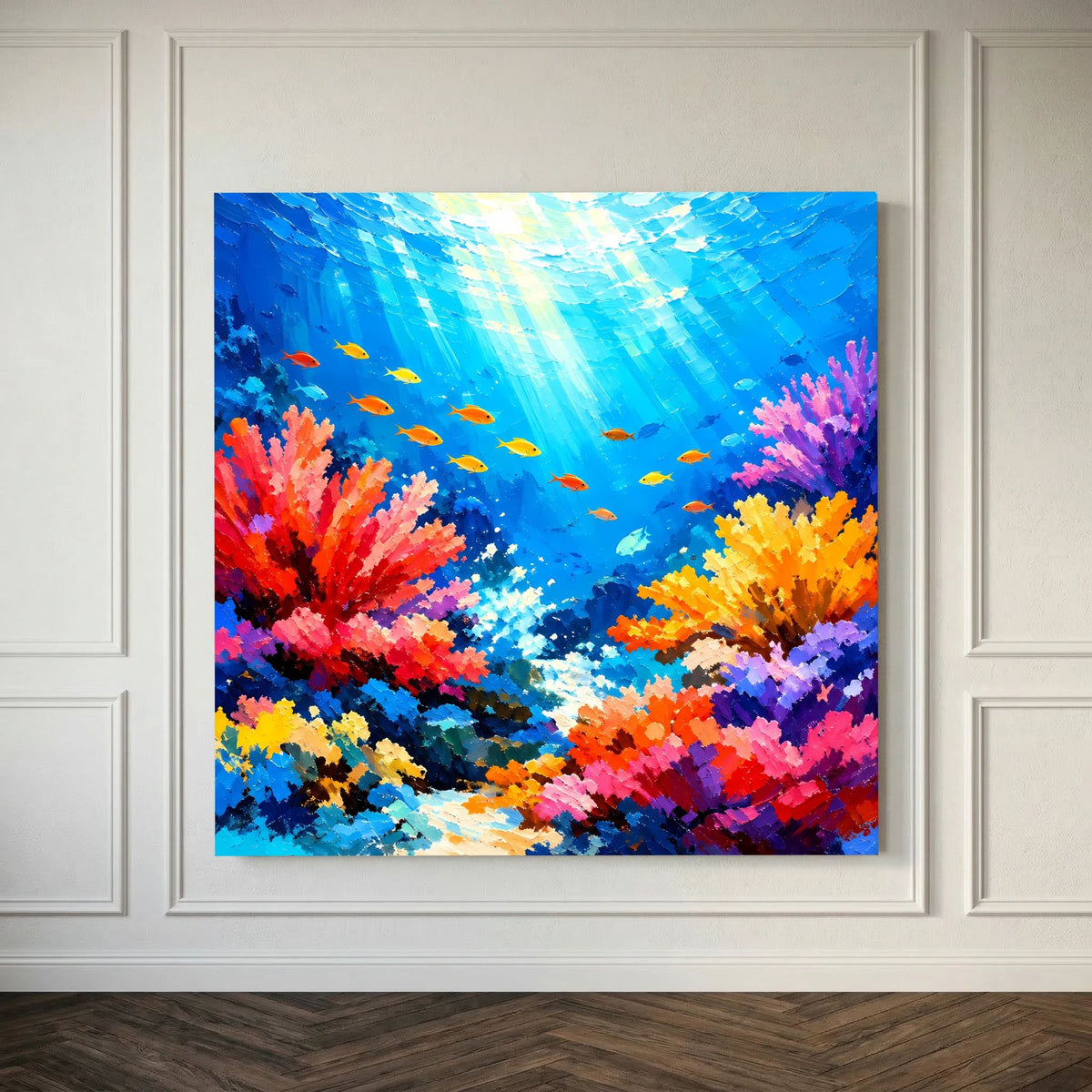 Quadratisches Unterwasser-Wandbild mit bunten Korallen und orangefarbenen Fischen