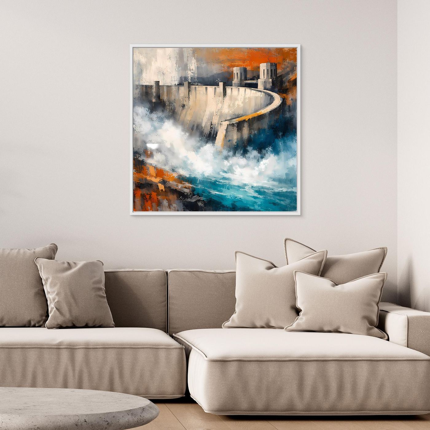 Gerahmtes abstraktes Leinwand-Wandbild mit Talsperre, blau-graue und orange Akzente, weiß