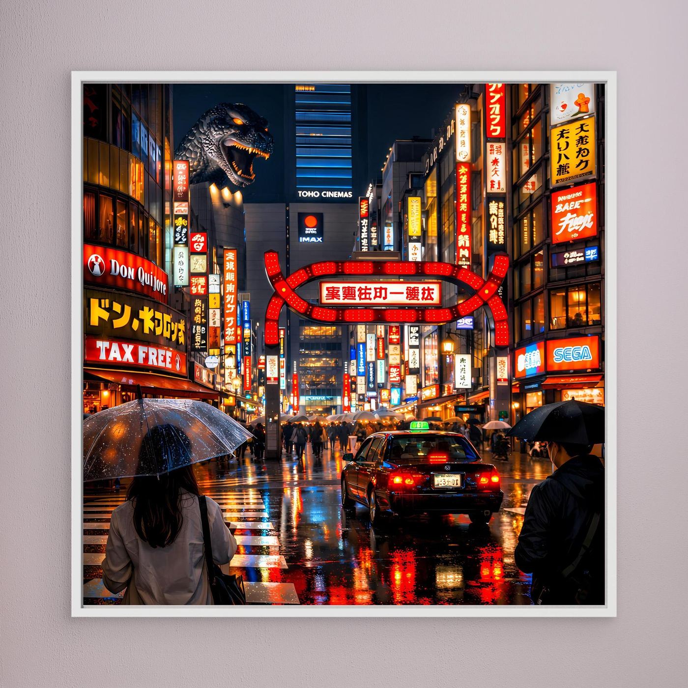 Leinwand Pulsierendes Tokio bei Nacht | Urbanes Kabukicho Kaiju Wandbild