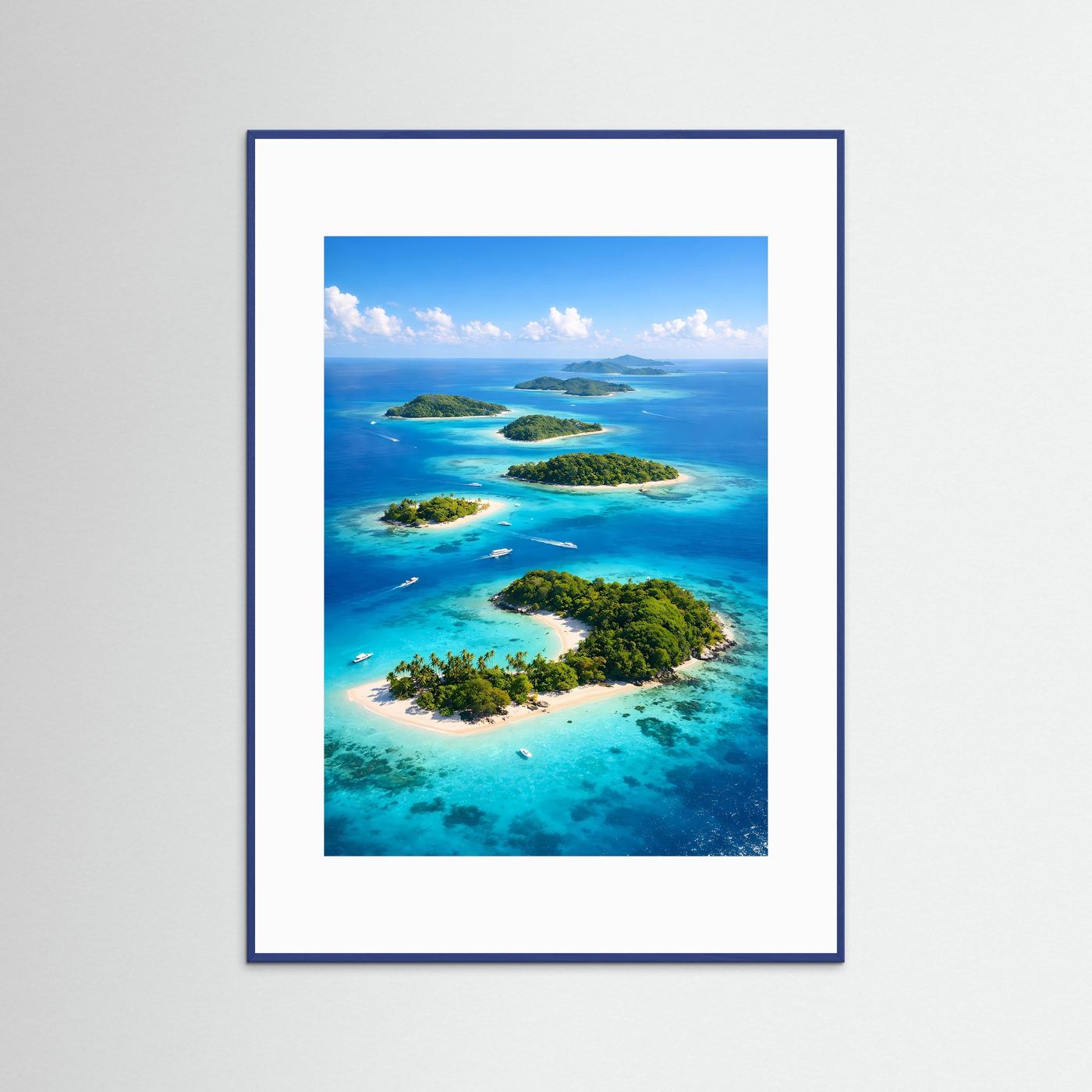 Hochformat-Poster mit tropischen Inseln und türkisblauem Meer, blauer Holzrahmen