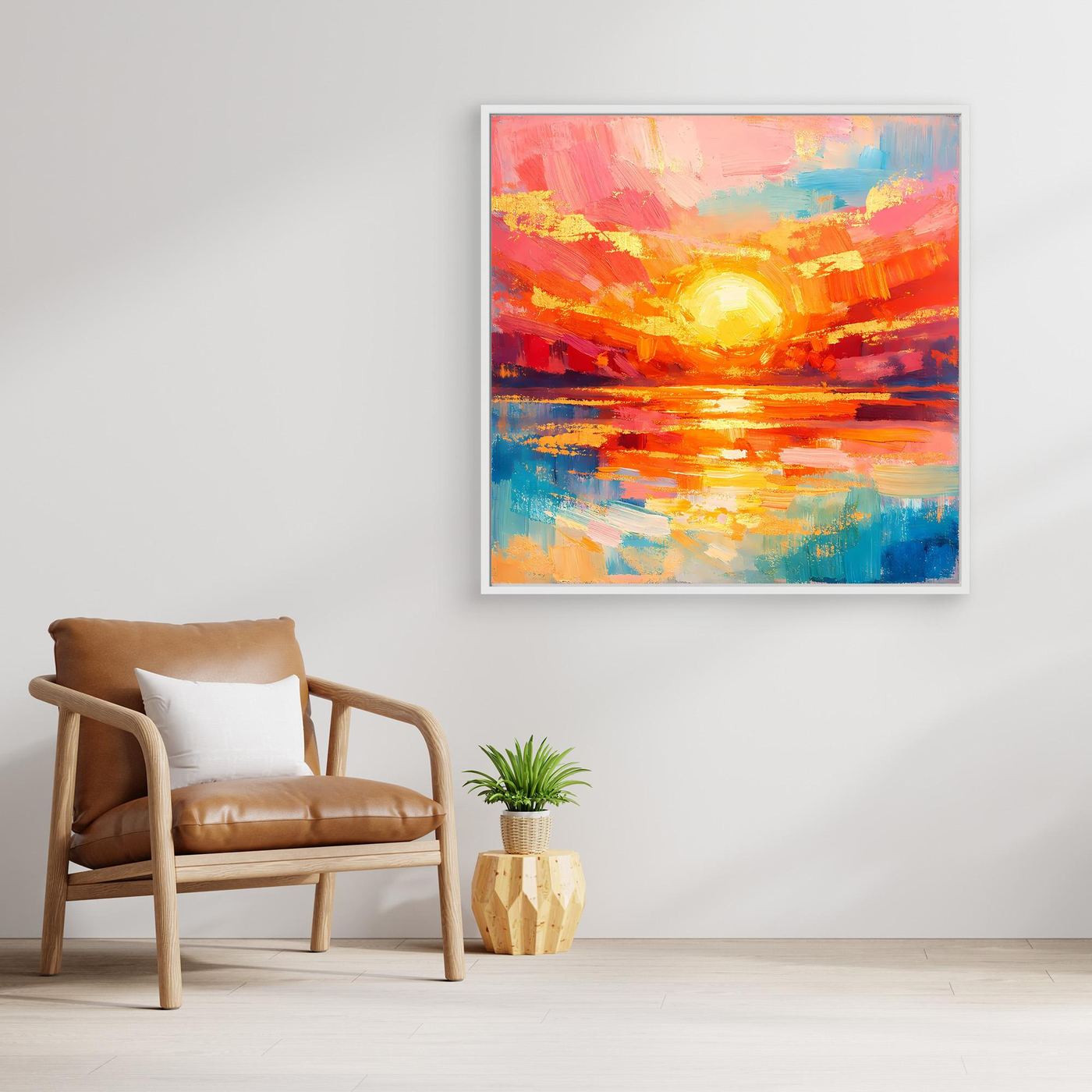 Leinwandbild mit abstraktem Meer und leuchtender Sonne, orange-blaue Farbakzente, weißer Rahmen