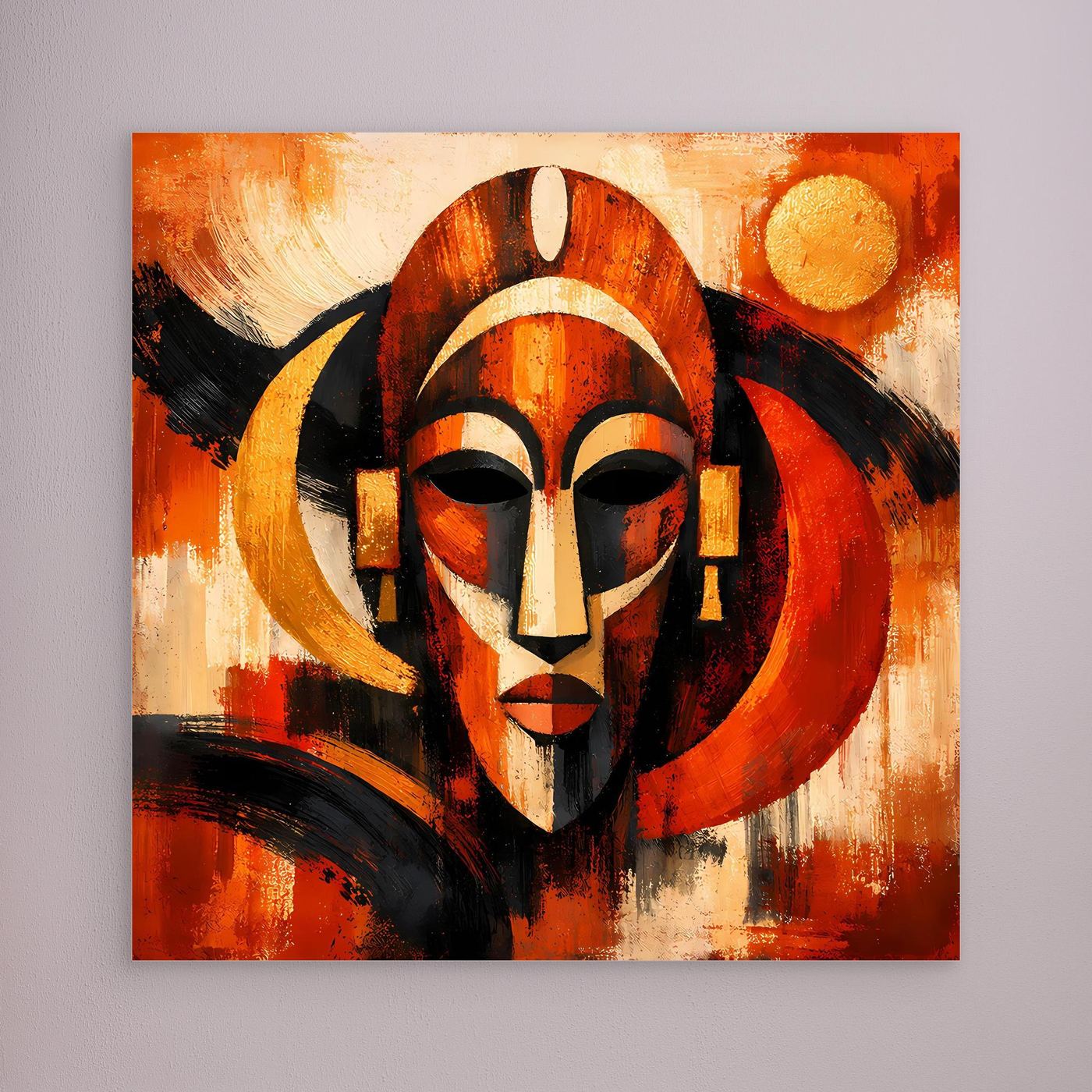 Gerahmtes Leinwandbild mit afrikanischer Maske in Rot-Orange, Schwarz und Goldtönen