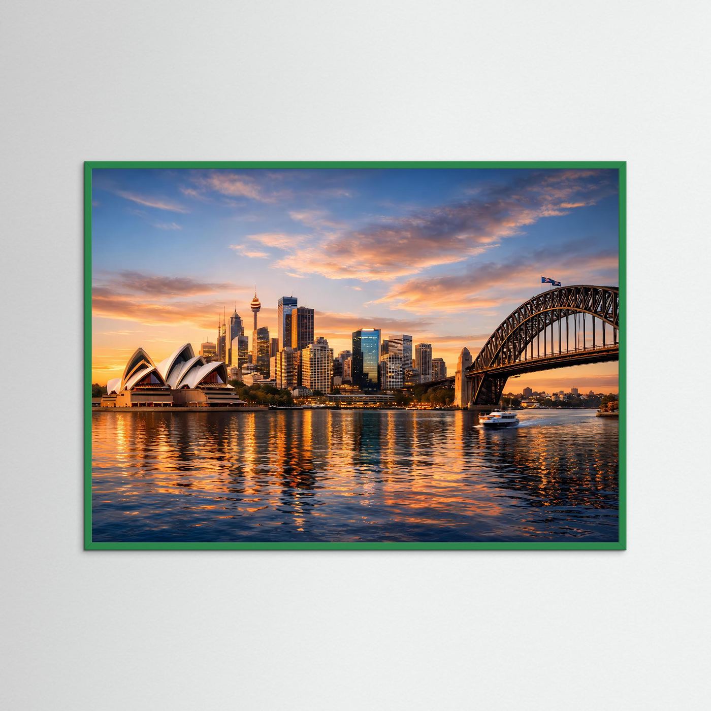 Panoramaposter mit lilafarbenem Rahmen: Sydney-Skyline, Opernhaus und Harbour Bridge