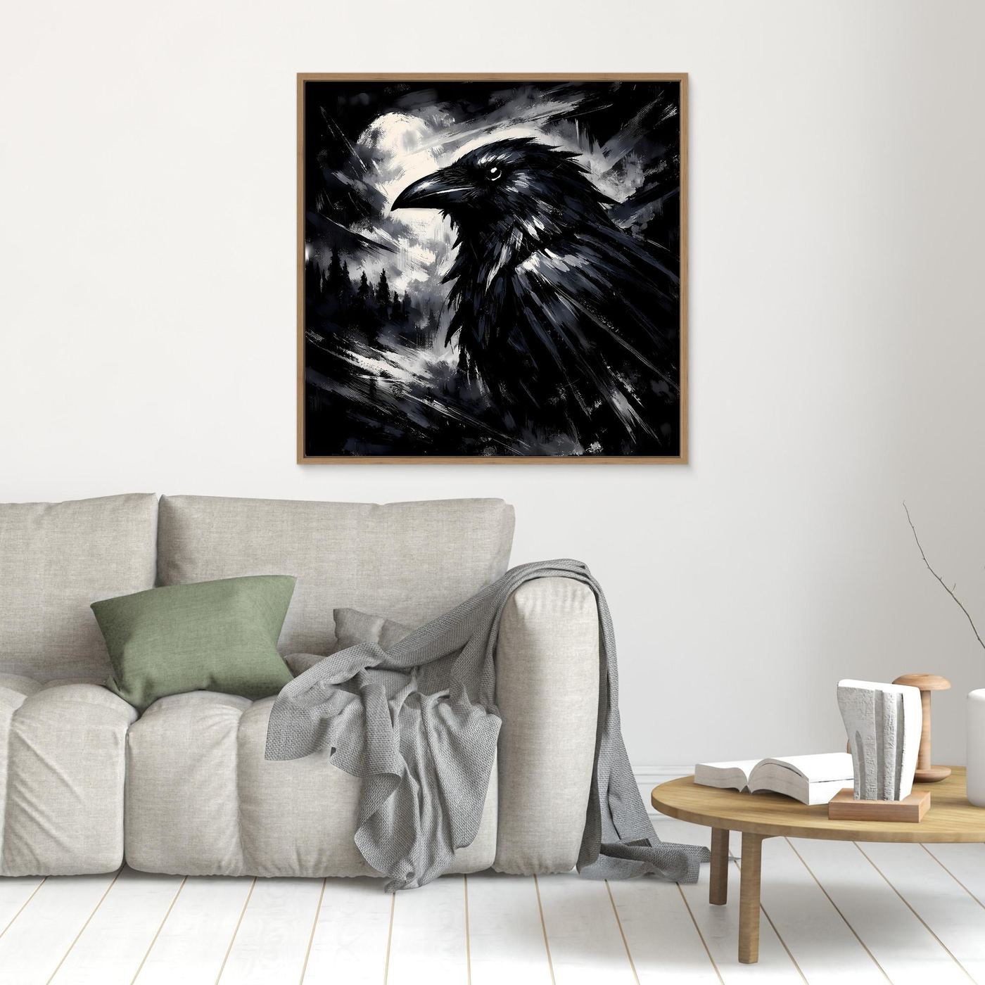 Quadratisches Wandbild mit schwarzem Rabenmotiv und silbriger Vollmondlandschaft, goldbrauner Rahmen