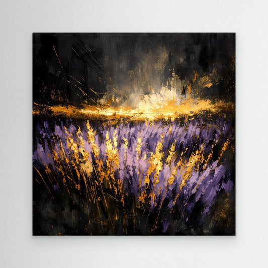 Abstraktes Leinwandbild: Lavendelfeld in Lila mit goldenen Lichtakzenten auf dunklem Grund.