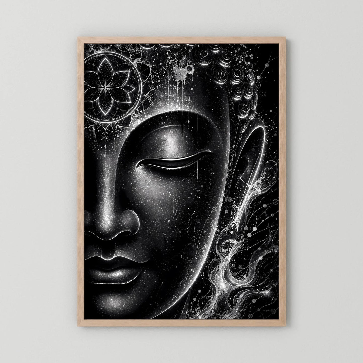 Gerahmtes Poster mit Buddha-Gesicht in Schwarzweiß, Mandala und Lichtwellen, Holzrahmen, Hochformat