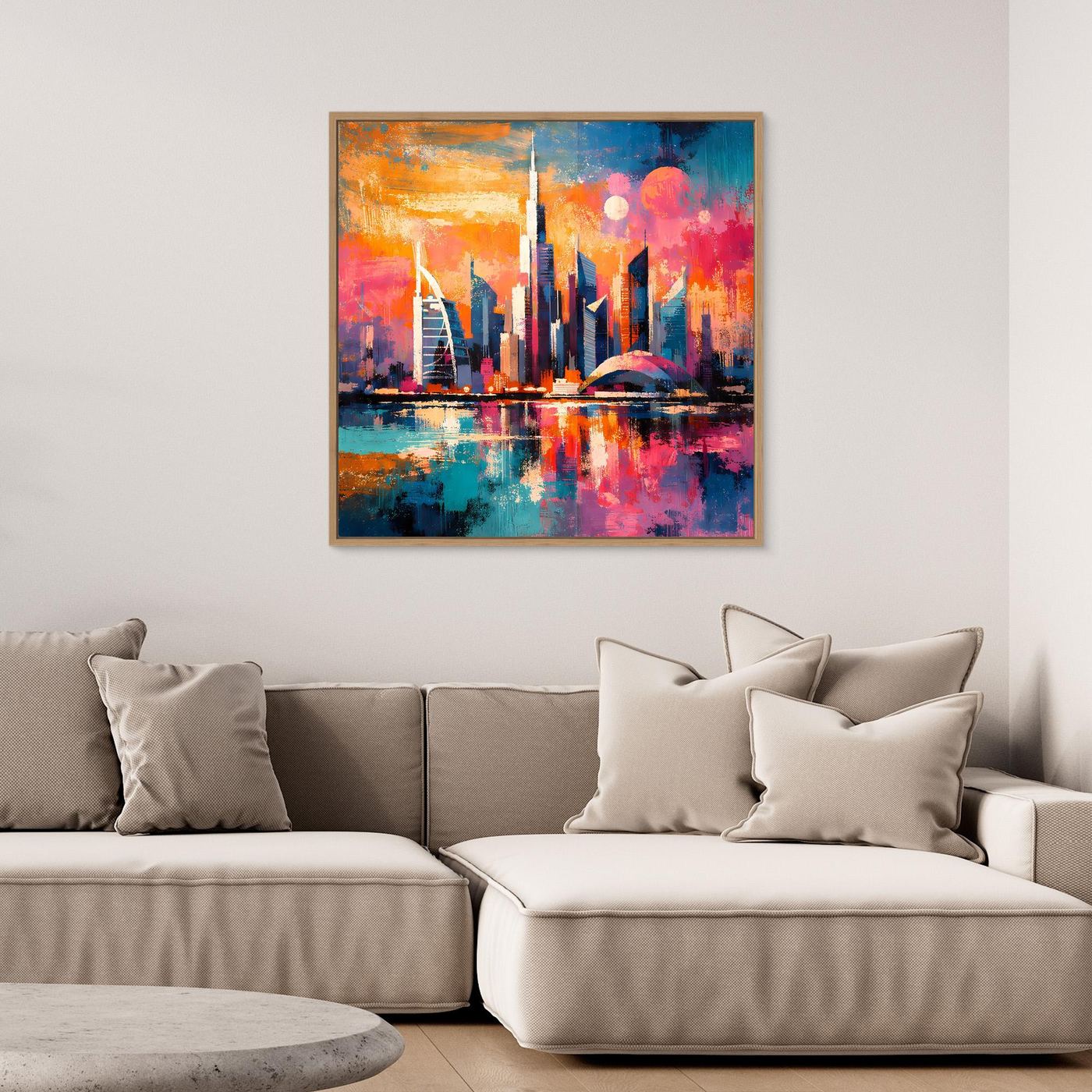 Buntes Leinwand-Wandbild mit hohen Türmen, orange-blauen Akzenten und Nacht-Reflexion