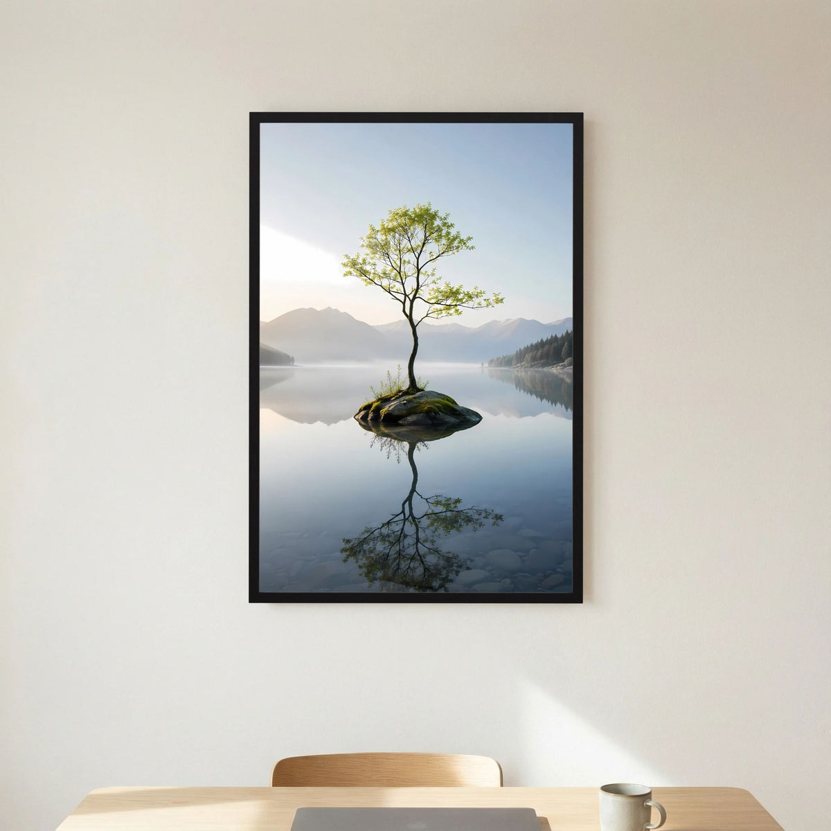 Hochformat-Poster mit schwarzem Rahmen: grüner Baum auf Felsen, Spiegelung im Wasser