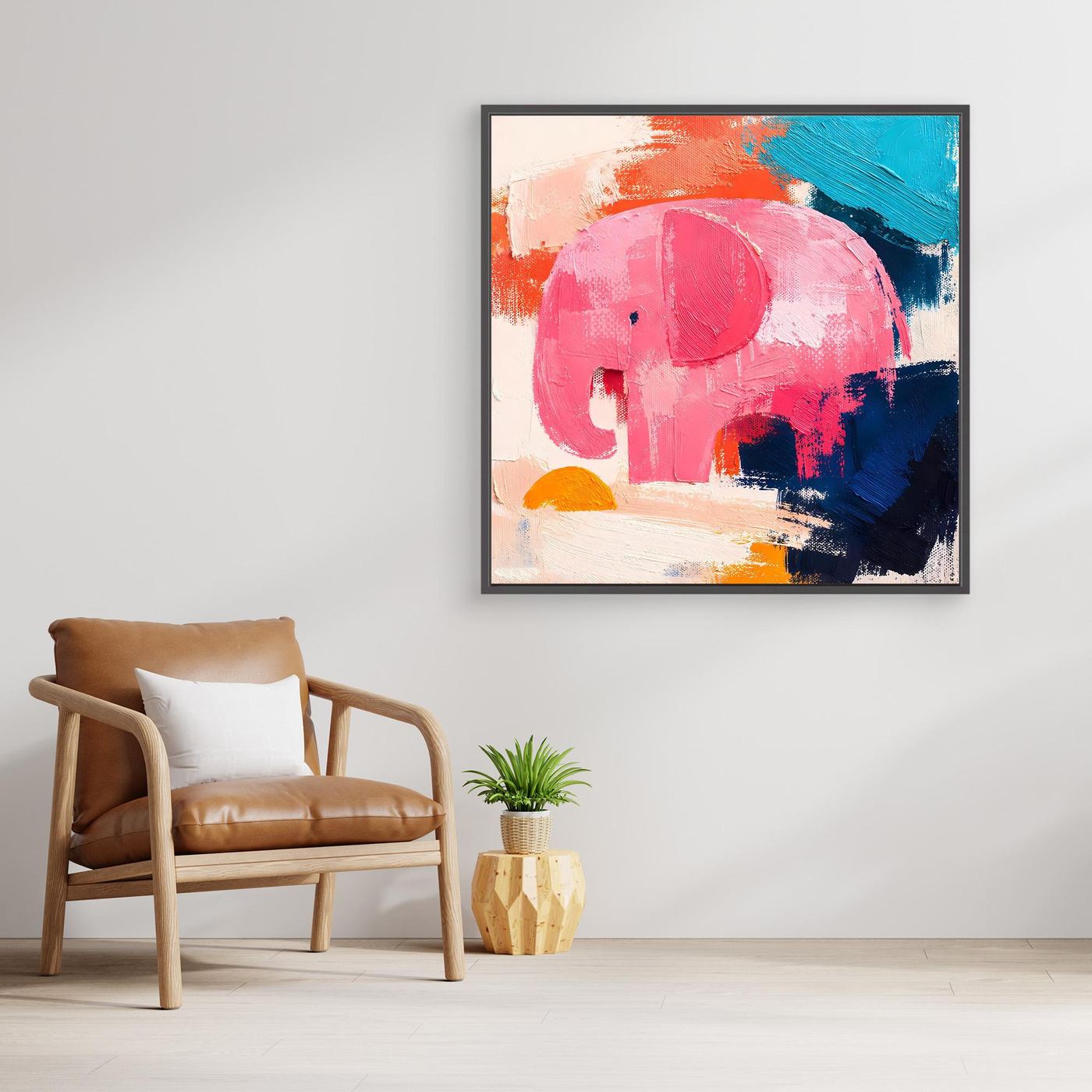 Abstract elephant canvas painting with pink elephant and blue paint strokes, black frame