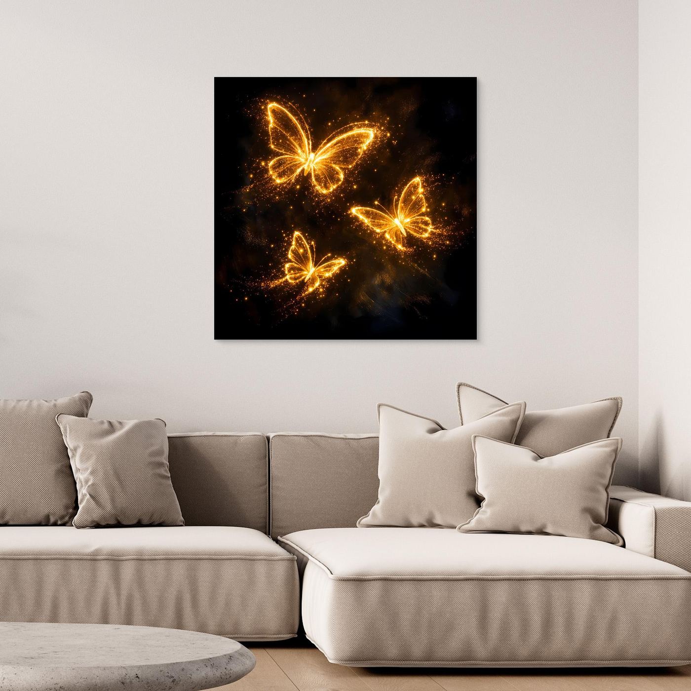 Premium Leinwand Leuchtende Schmetterlinge in Gold | Elegantes Fantasy Wandbild abstrakt