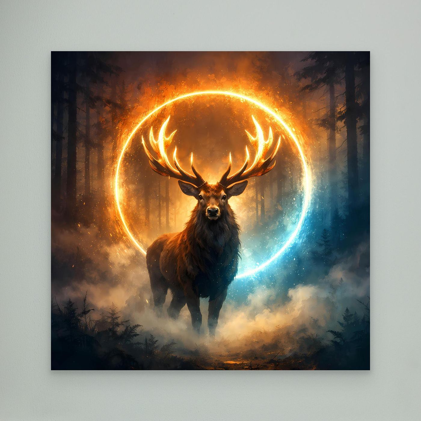 Leinwandbild mit Hirsch im leuchtenden Kreis (Orange bis Blau), ohne Rahmen