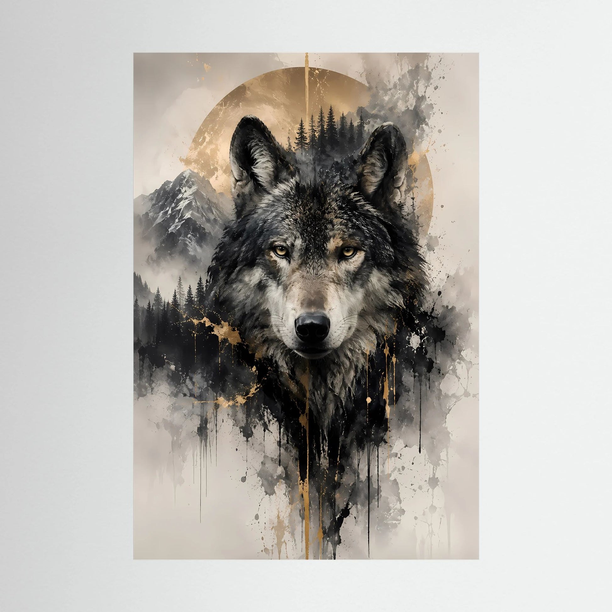 Wolfsposter im Hochformat mit schwarzem Wolfsgesicht und goldener Sprühoptik, groß