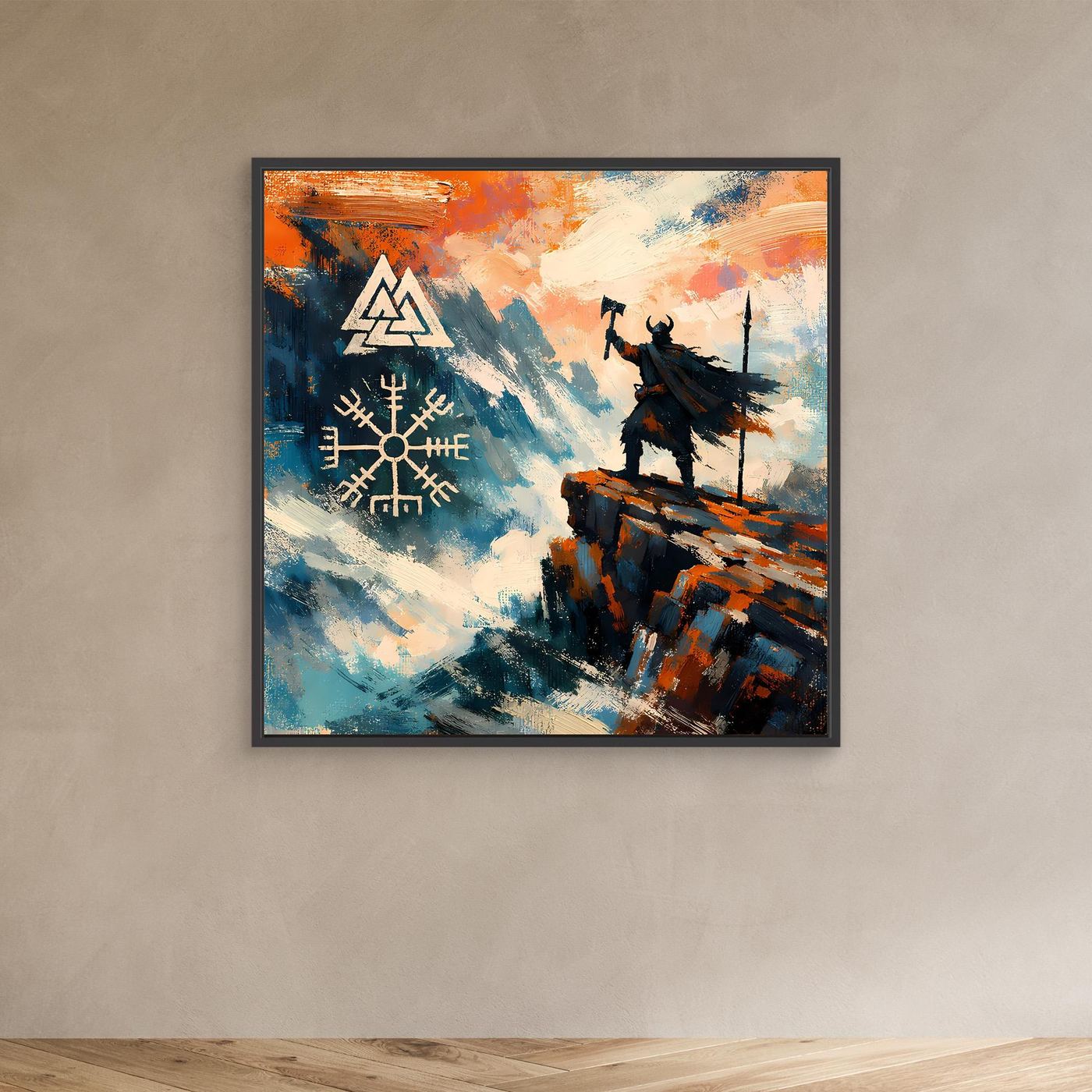 Leinwand-Wandbild mit Wikingerfigur auf Felsen und Vegvisir-Symbol; schwarz gerahmt