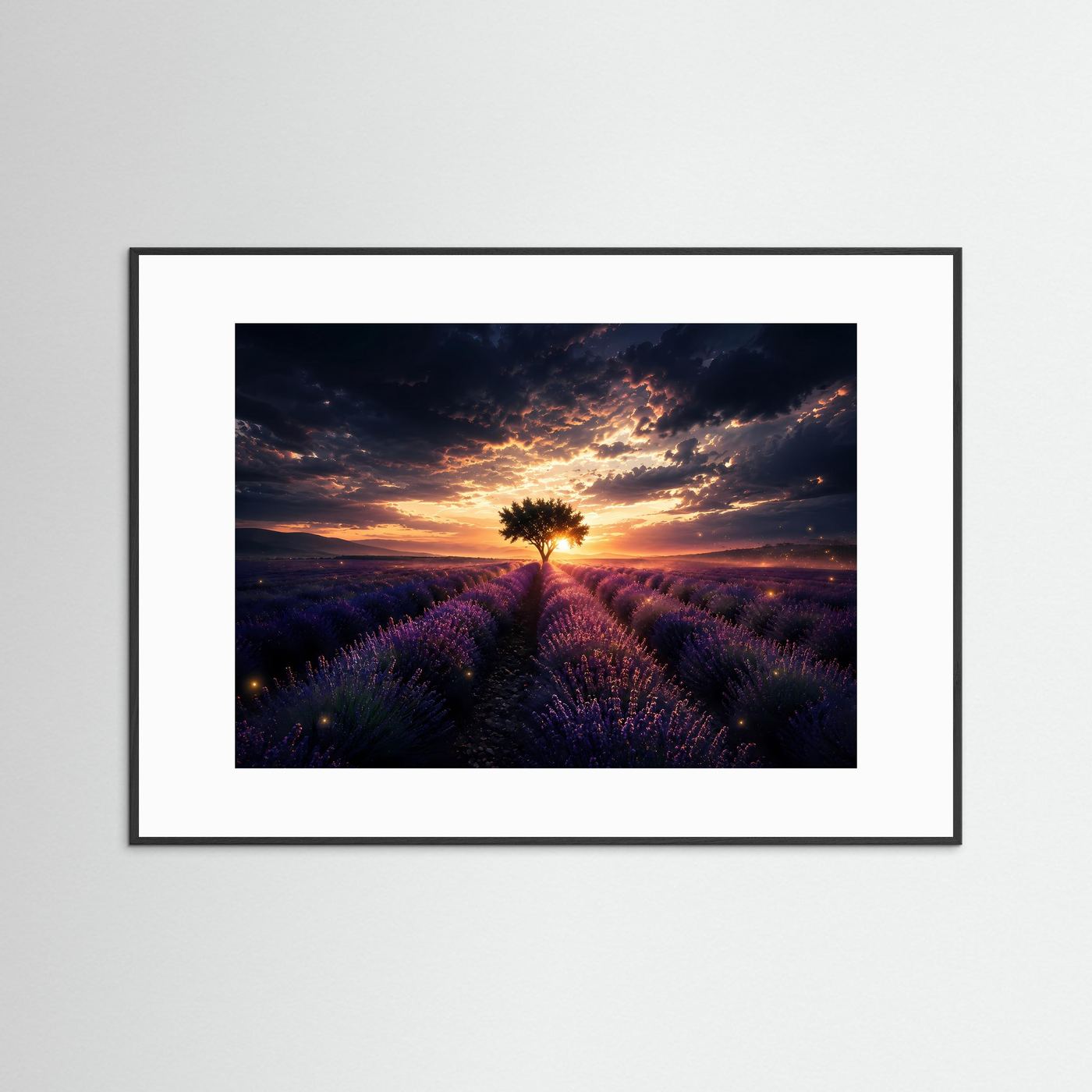 Lavendelfeld mit Baum Poster | Sonnenuntergang Landschaft Wandbild | Provence Lavendel Kunst | Natur Fine Art Print | Modernes Panorama