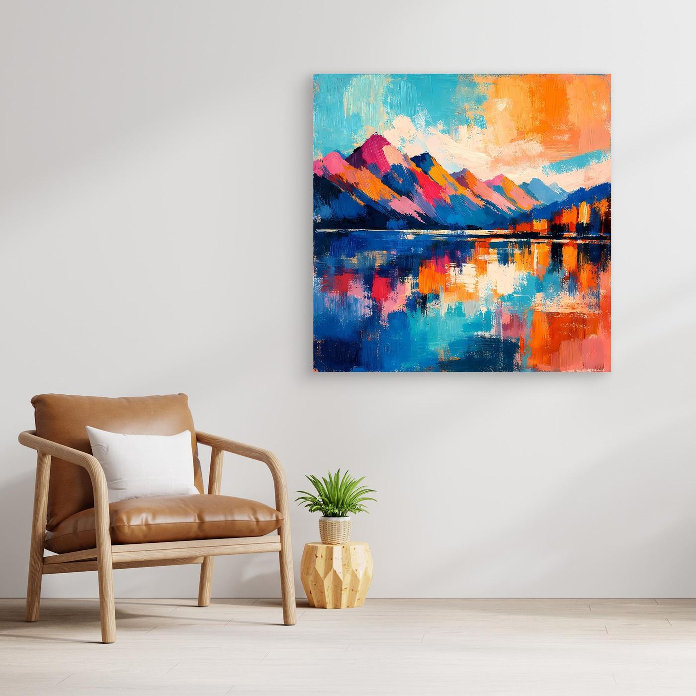 Wandbild Leinwand mit abstrakter Bergkette und See-Reflexen, mit hölzernem Rahmen