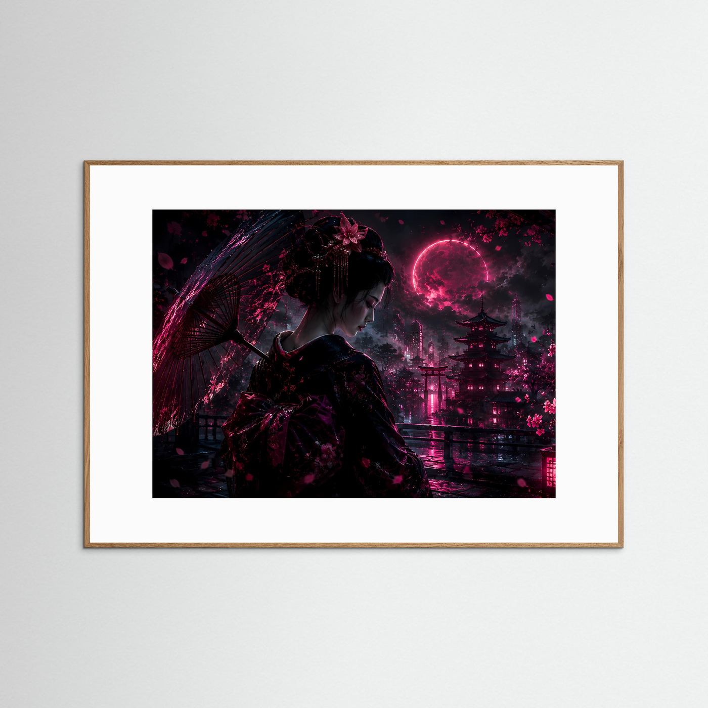 Geisha bei Nacht in Neon Pink | Japanische Cyberpunk Kunst mit Mond & Pagode