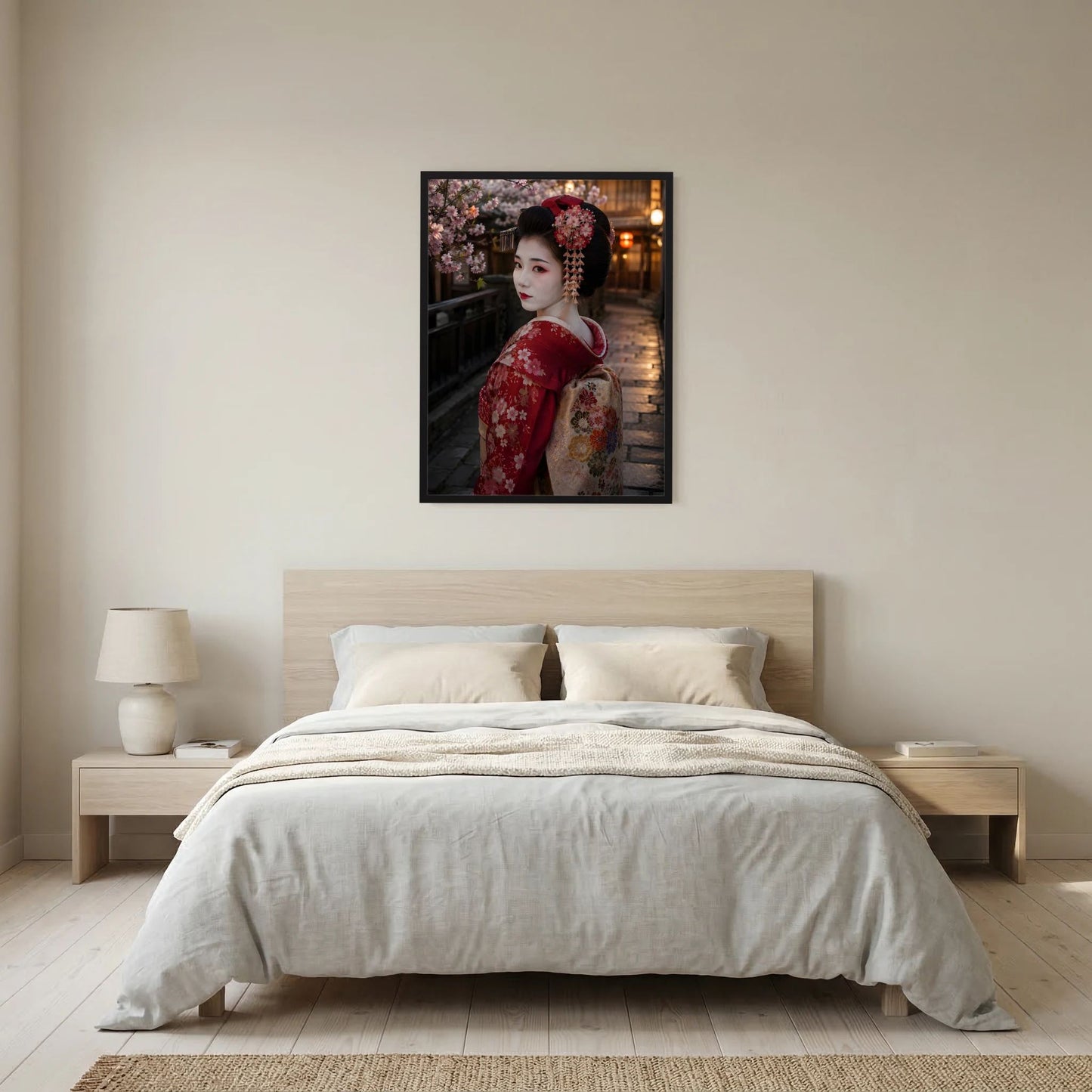 Poster im Hochformat mit Geisha im roten Kimono vor Kirschblüten, schwarzer Rahmen