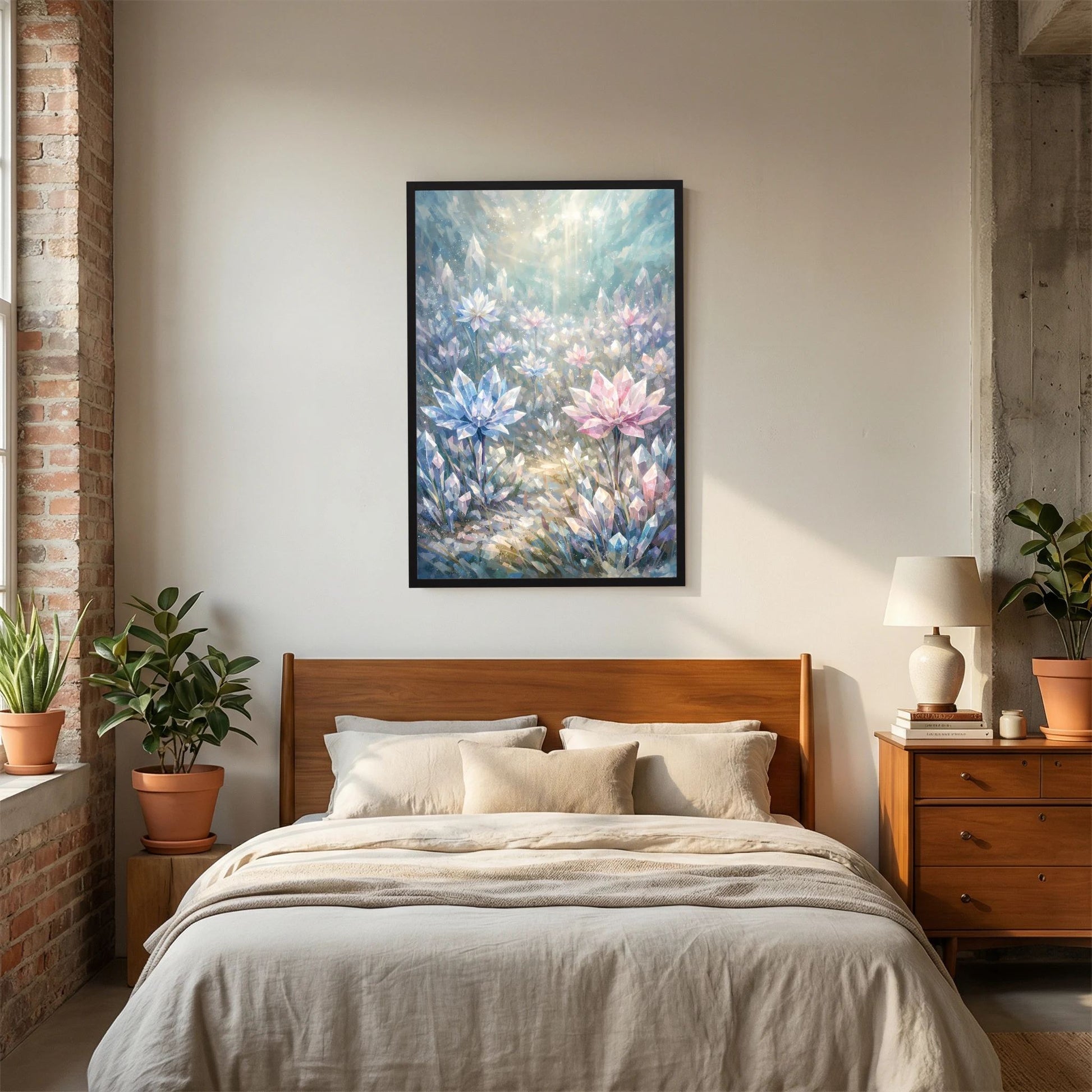 Poster im Hochformat mit Kristallblumen in Pastellblau und Rosa, schwarzer Rahmen.