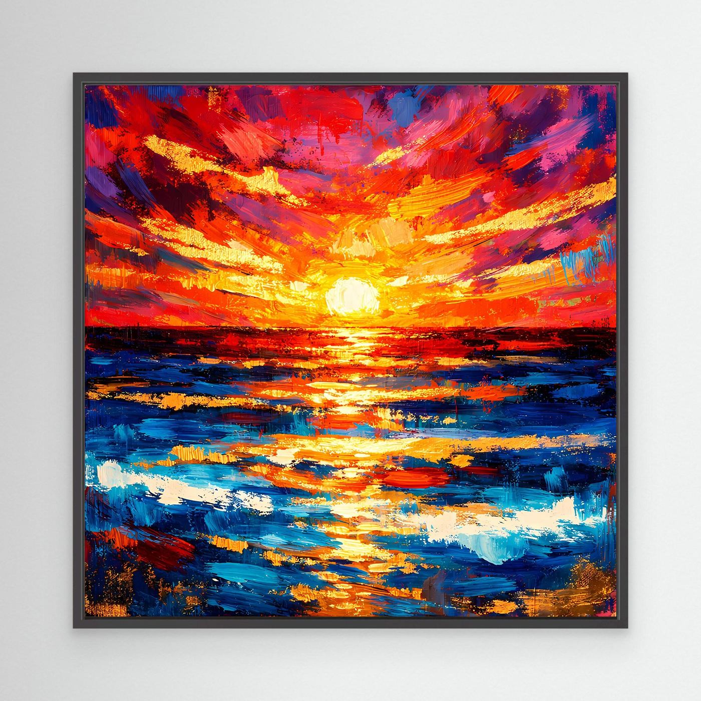 Abstraktes Leinwandbild Sonnenuntergang am Meer mit schwarzem Rahmen