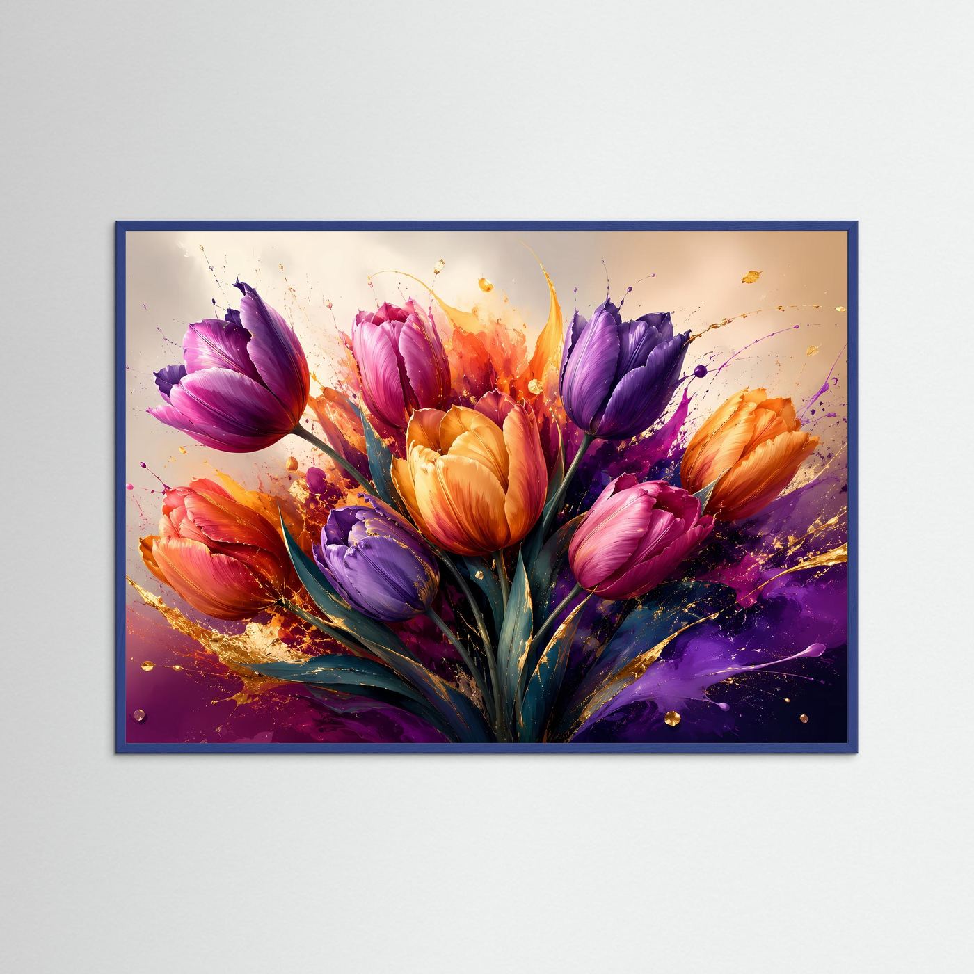 Tulpen Poster | Bunte Blumen Wandkunst | Moderne Abstrakte Tulpen mit Gold | Elegantes Florales Wandbild