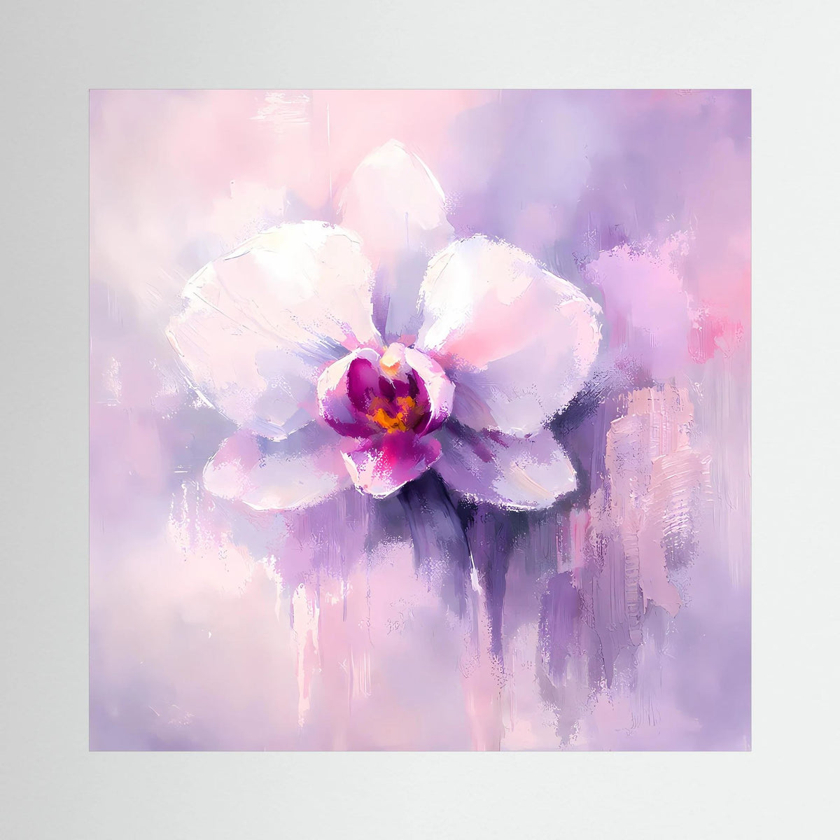 Quadratisches Leinwand-Wandbild mit Orchideenblüte, Pastellweiß, Lila und Pink