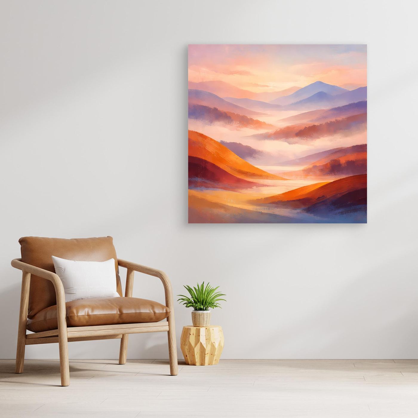 Leinwandbild Berglandschaft im Pastell, orangefarbene Wellen ohne Rahmen