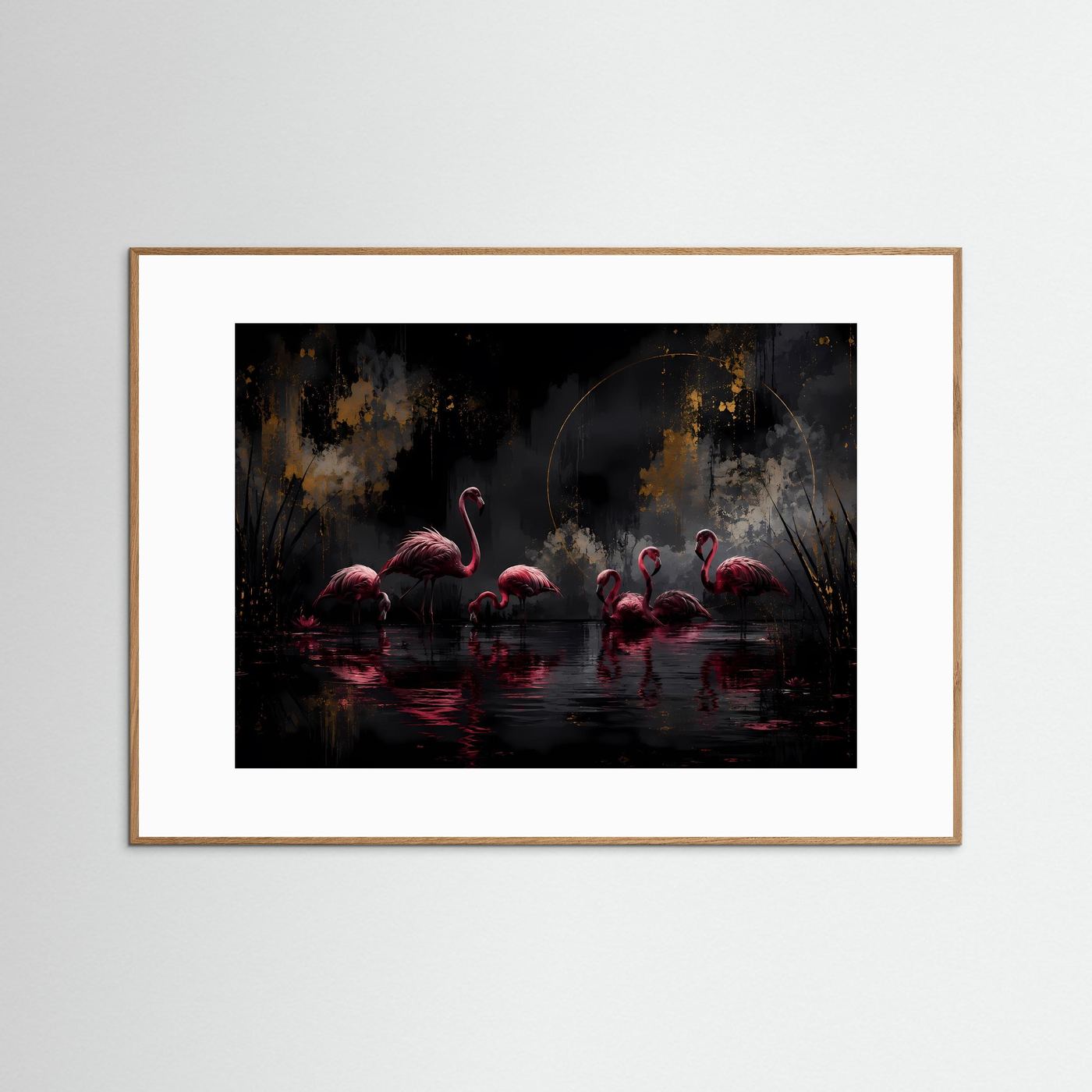 Flamingos in der Dunkelheit | Elegante Schwarz-Gold Wandkunst mit Pink – Modernes Poster Querformat