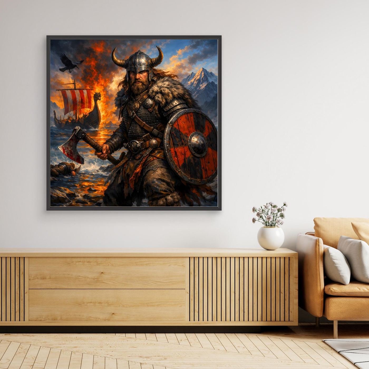 Leinwand Epischer Wikinger-Krieger an der Küste | Modernes Nordisches Wandbild
