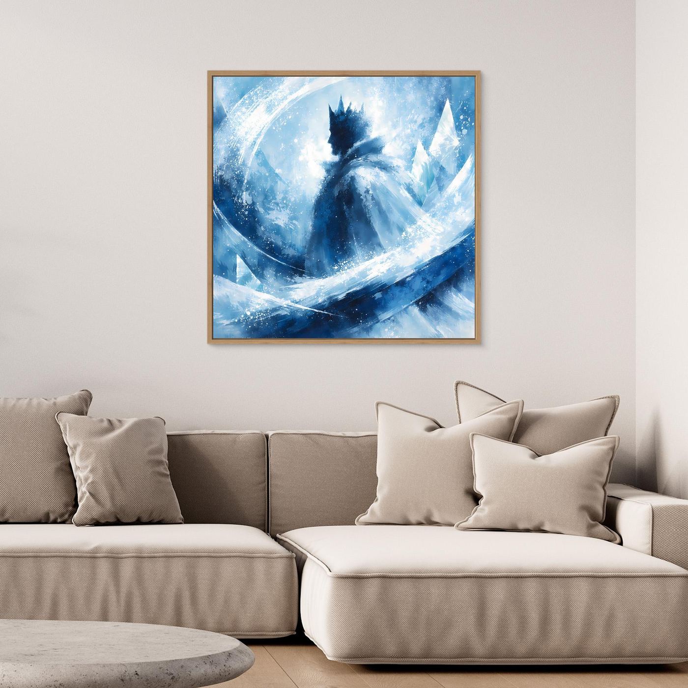 Leinwandbild mit goldenem Rahmen, blaues Winterabstrakt mit Eissilhouette und Mondlicht