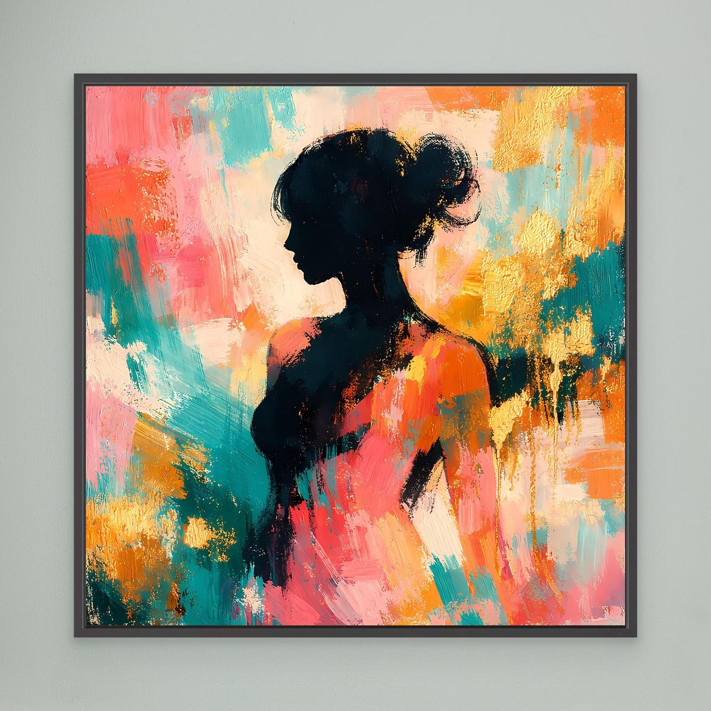 Leinwandbild mit abstrakter Frauen-Silhouette im Pastell, schwarz gerahmt