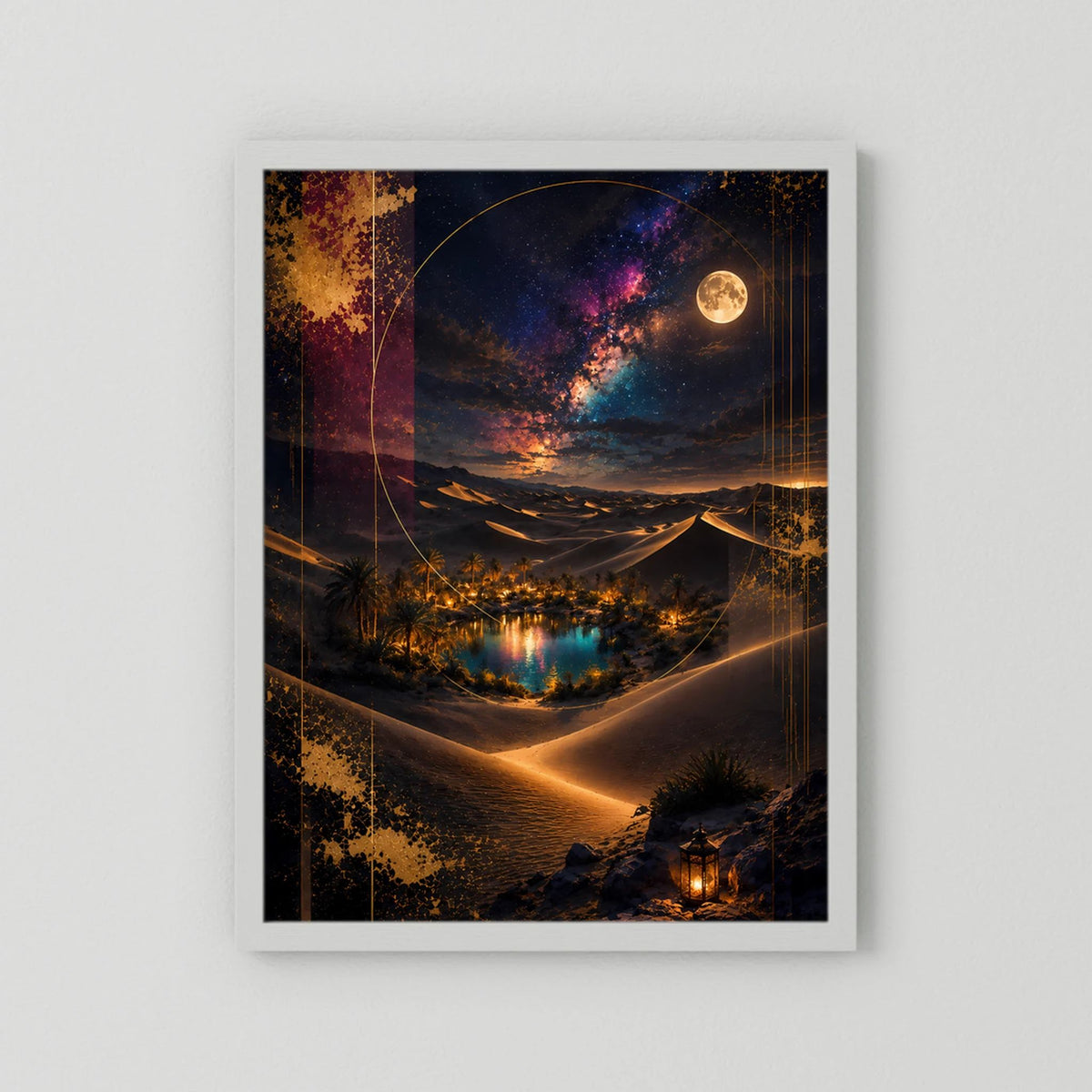 Hochformat-Poster mit weißem Passepartout: Vollmond über Wüstenoase in dunklen Farben