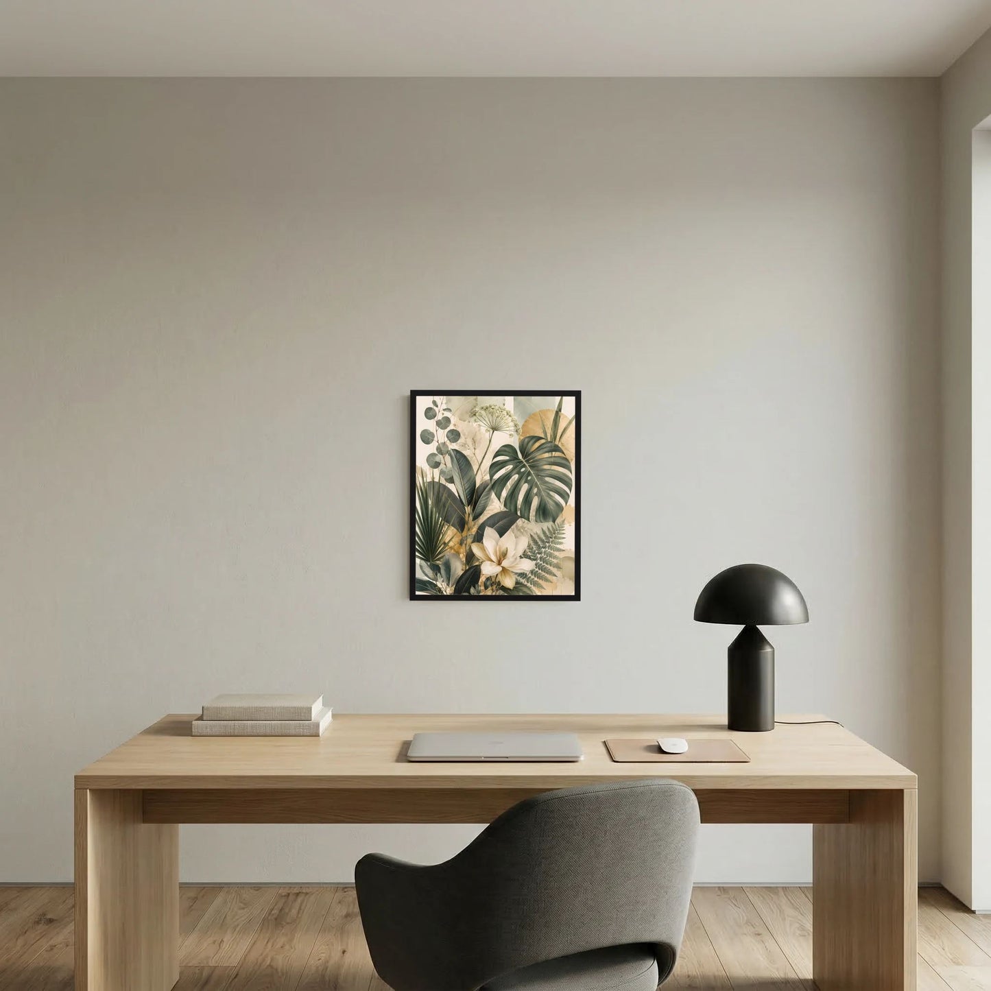 Gerahmtes Poster mit Pflanzenillustration: Monstera, Magnolie und Farne in Grün und Gold