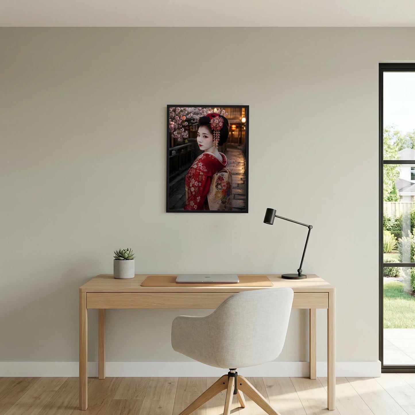 Poster mit japanischer Geisha im roten Kimono, Kirschblüten und warmem Licht, schwarzer Rahmen