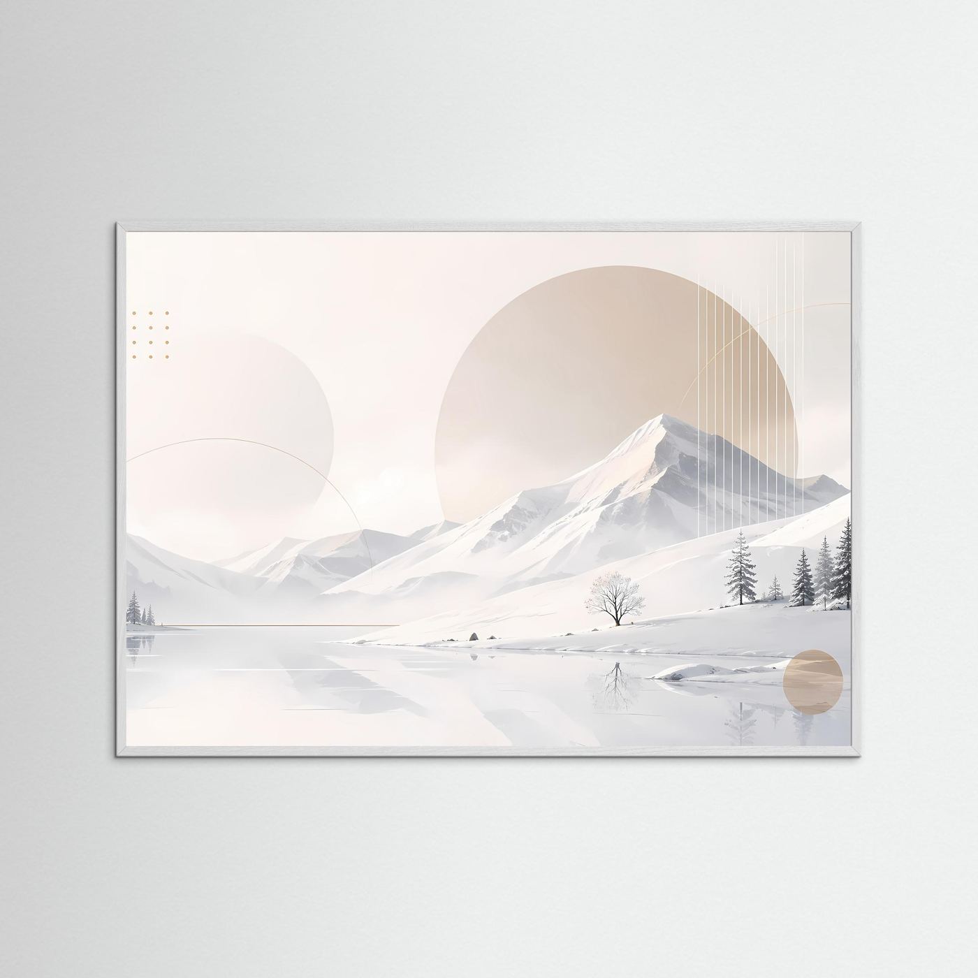 Poster im Querformat mit winterlicher Berglandschaft, grauer Holzrahmen, Weiß-Beige