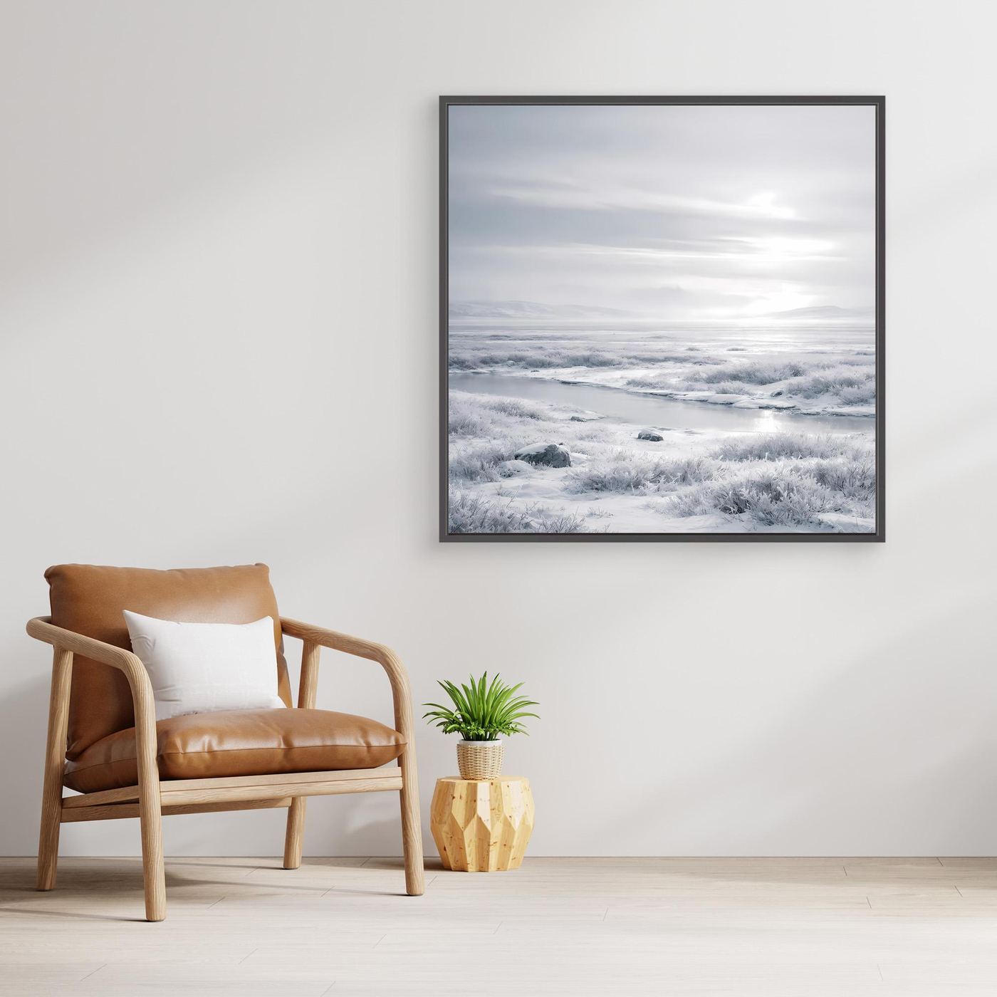 Gëframtes Leinwandbild mit winterlicher Landschaft, schwarzer Rahmen