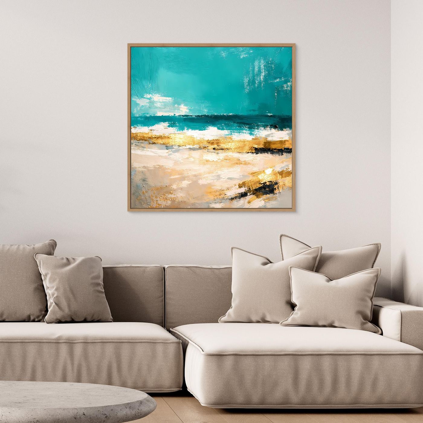 Leinwand Abstraktes Strandgemälde in Türkis und Gold | Modernes Meer Wandbild