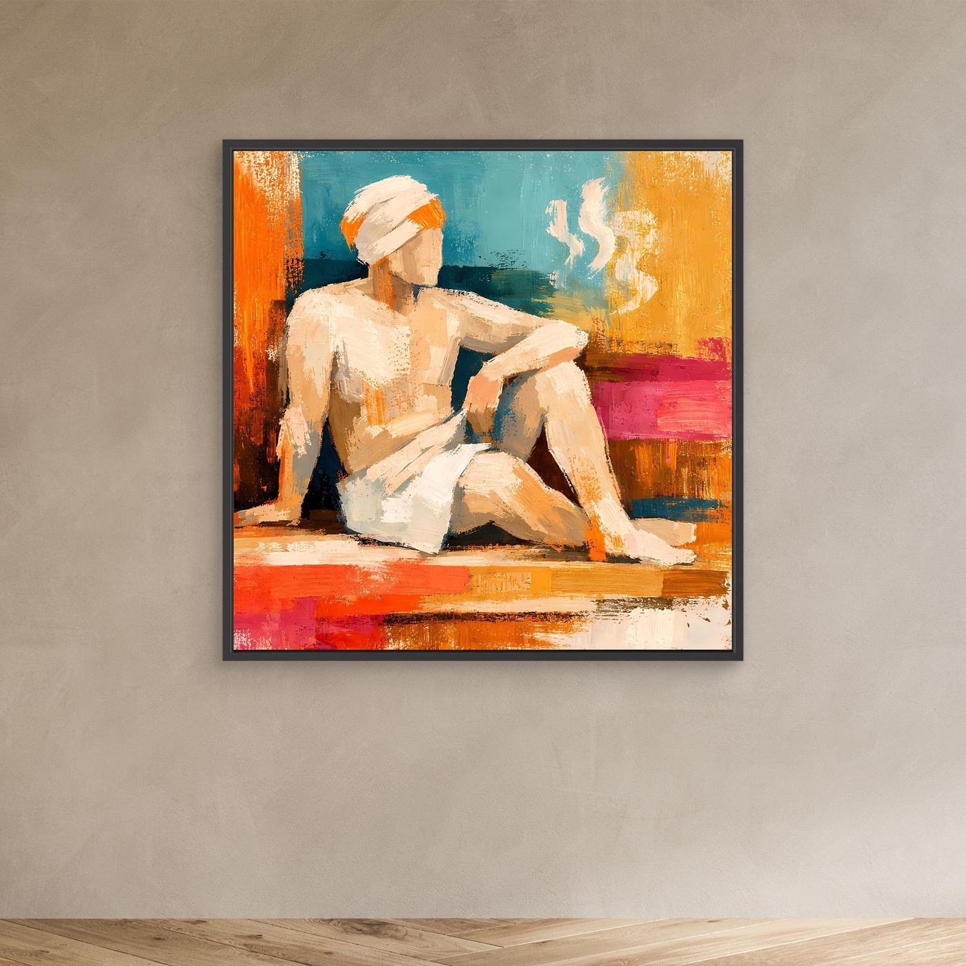 Abstract canvas wall art with black frame, seated woman in teal, orange, and pink tones