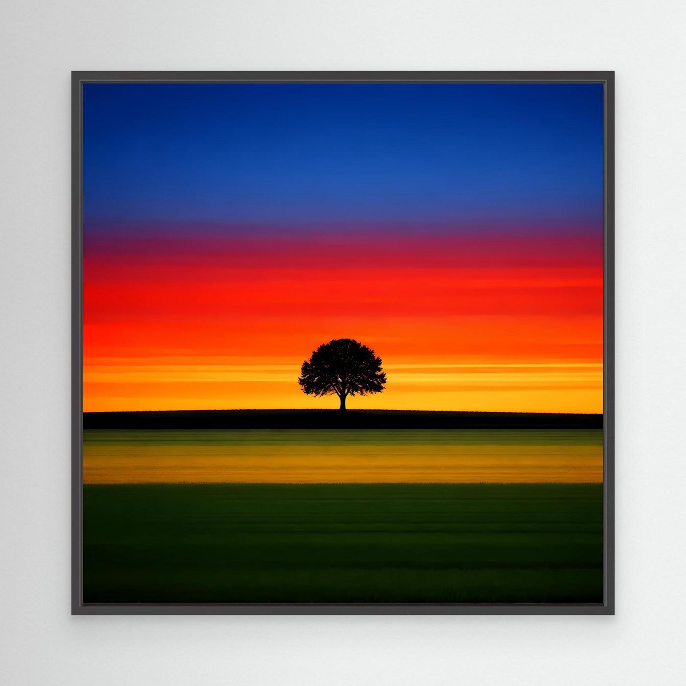 Leinwandbild: Sonnenuntergang mit Baum-Silhouette, schwarzer Rahmen