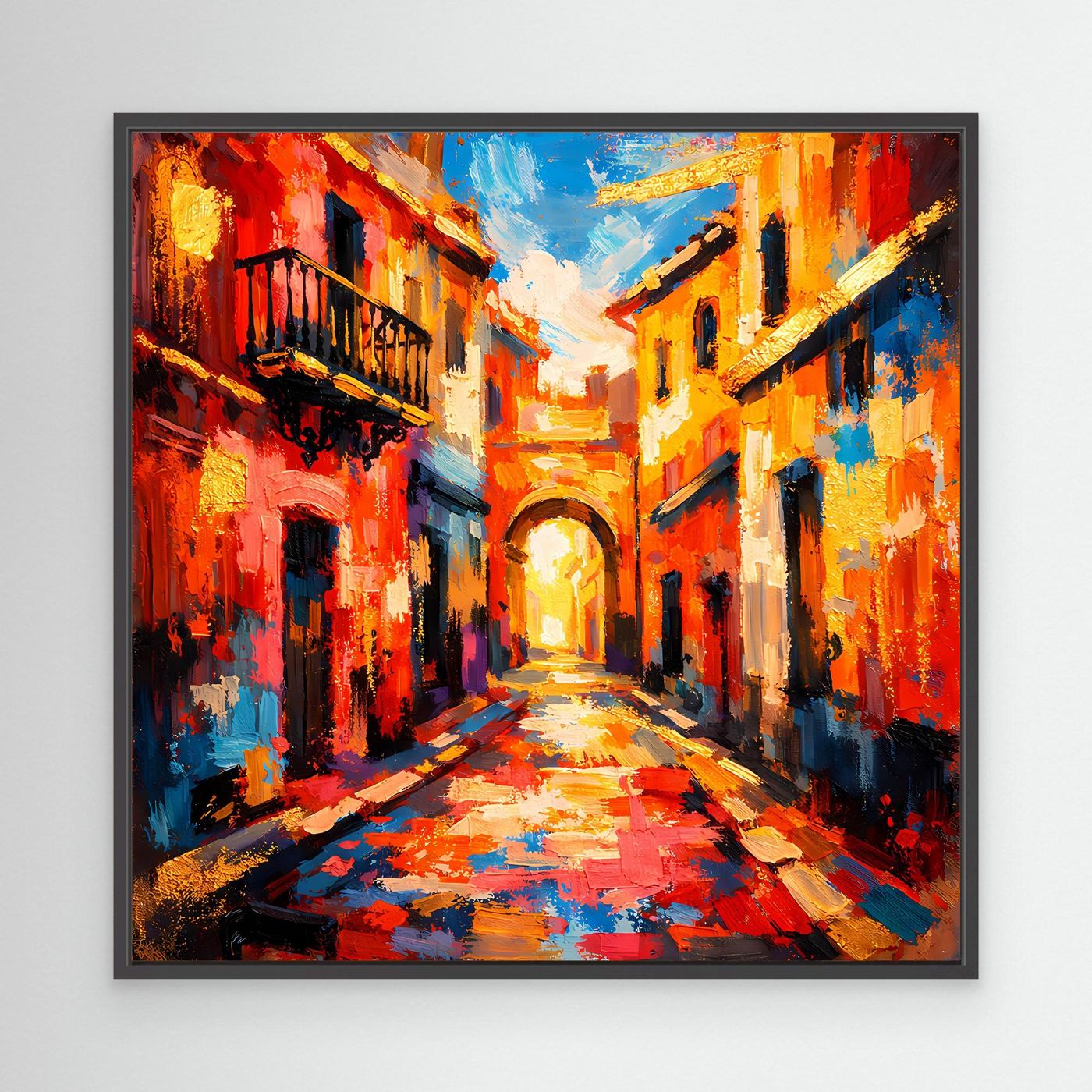 Abstraktes Leinwandbild mediterrane Altstadtgasse mit Bogengang und Pflasterweg, farbig, mit schwarzem Rahmen