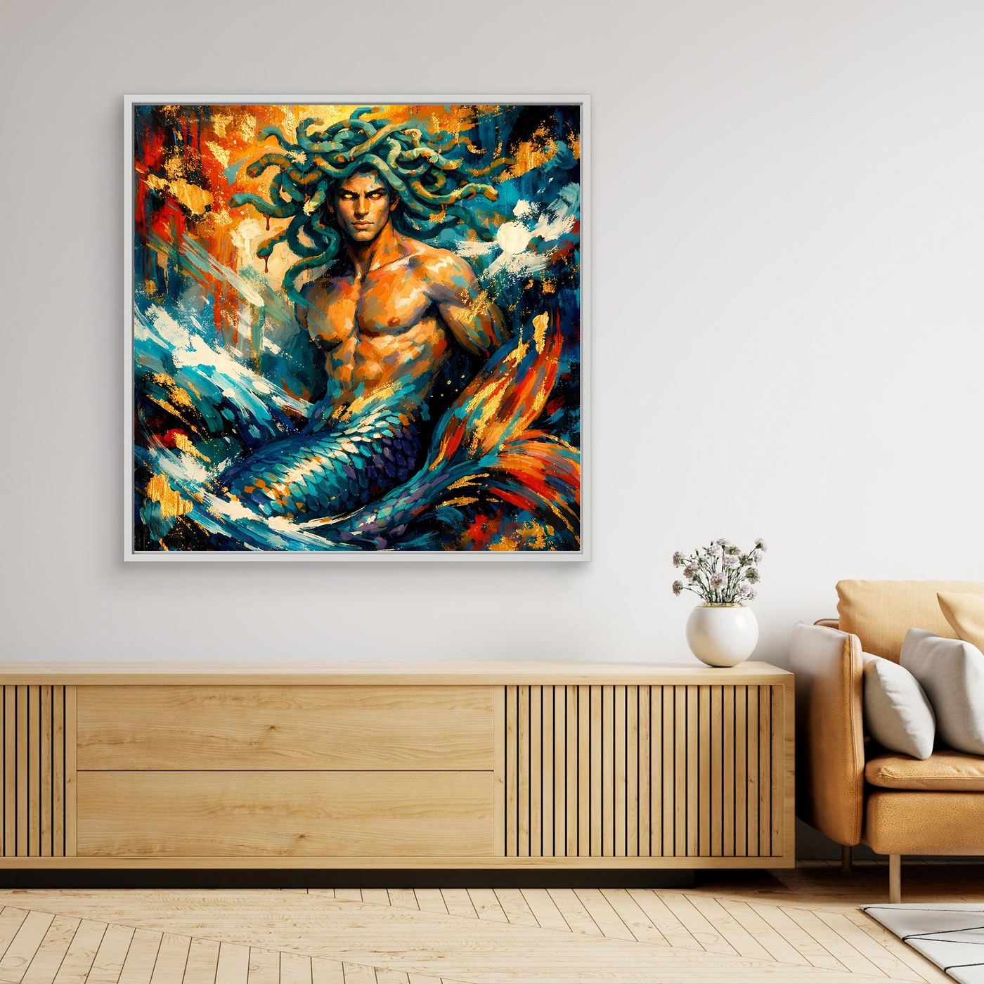 Leinwandbild mit mystischem Meermann und Medusa-Motiven, bunt, schwarzer Rahmen