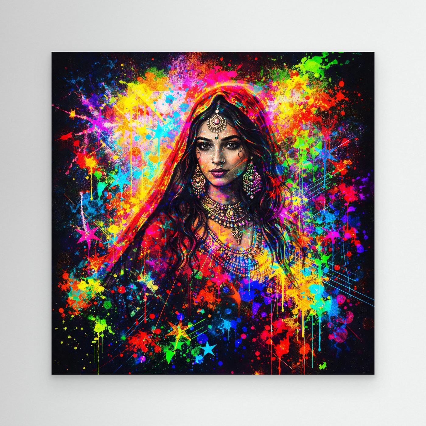 Leinwandbild mit Porträt einer indischen Frau, Neon-Farbspritzer im abstrakten Stil