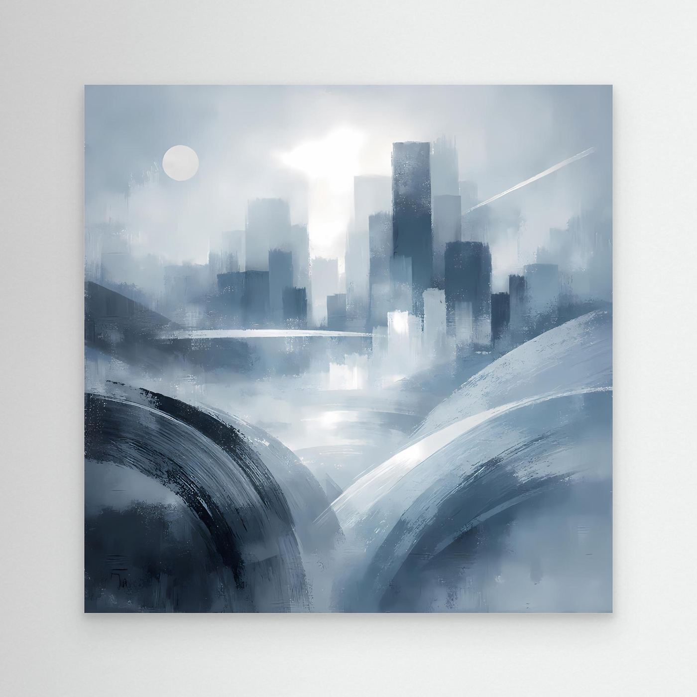 Leinwandbild mit abstrakter Futuristik-Skyline in Blau-Grau ohne sichtbaren Rahmen